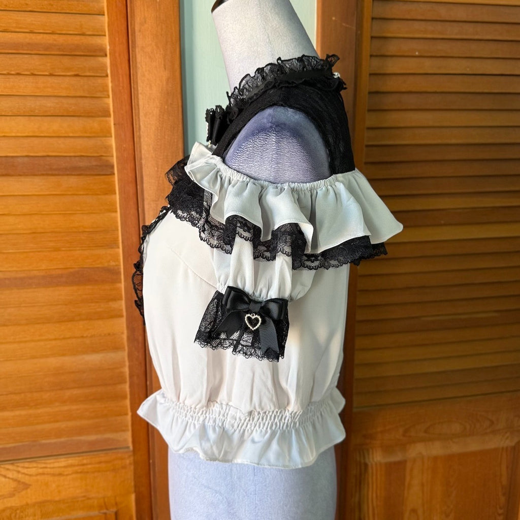 J-fashion Jirai Kei Gyaru Ryosangata Harajuku Pink Black Bow Heart Blouse Top