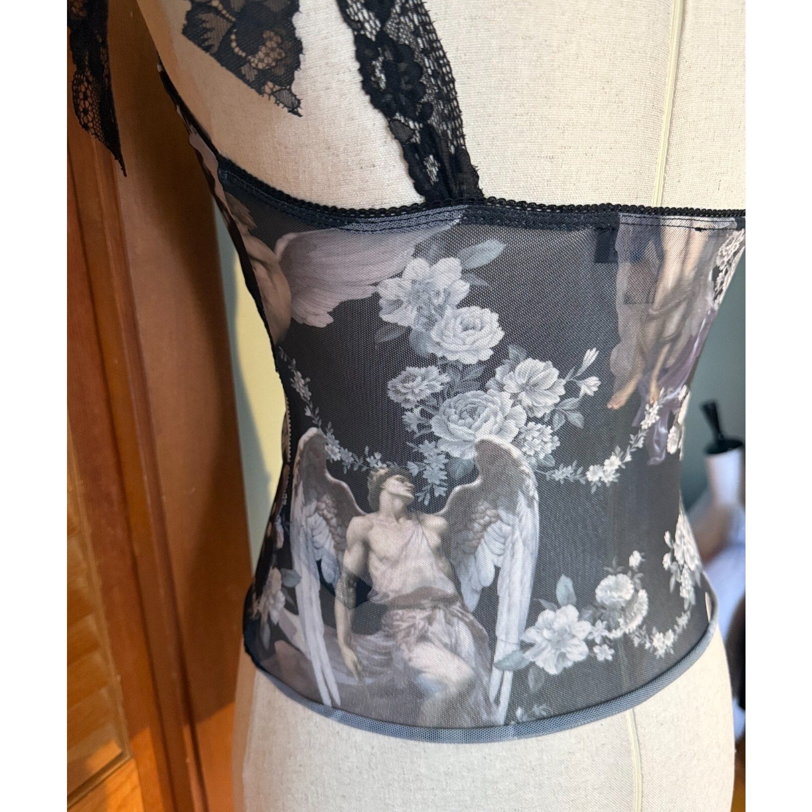 Dolls Kill Gothic Victorian Come My Sweet Angel Floral Lace Strap Cami Top