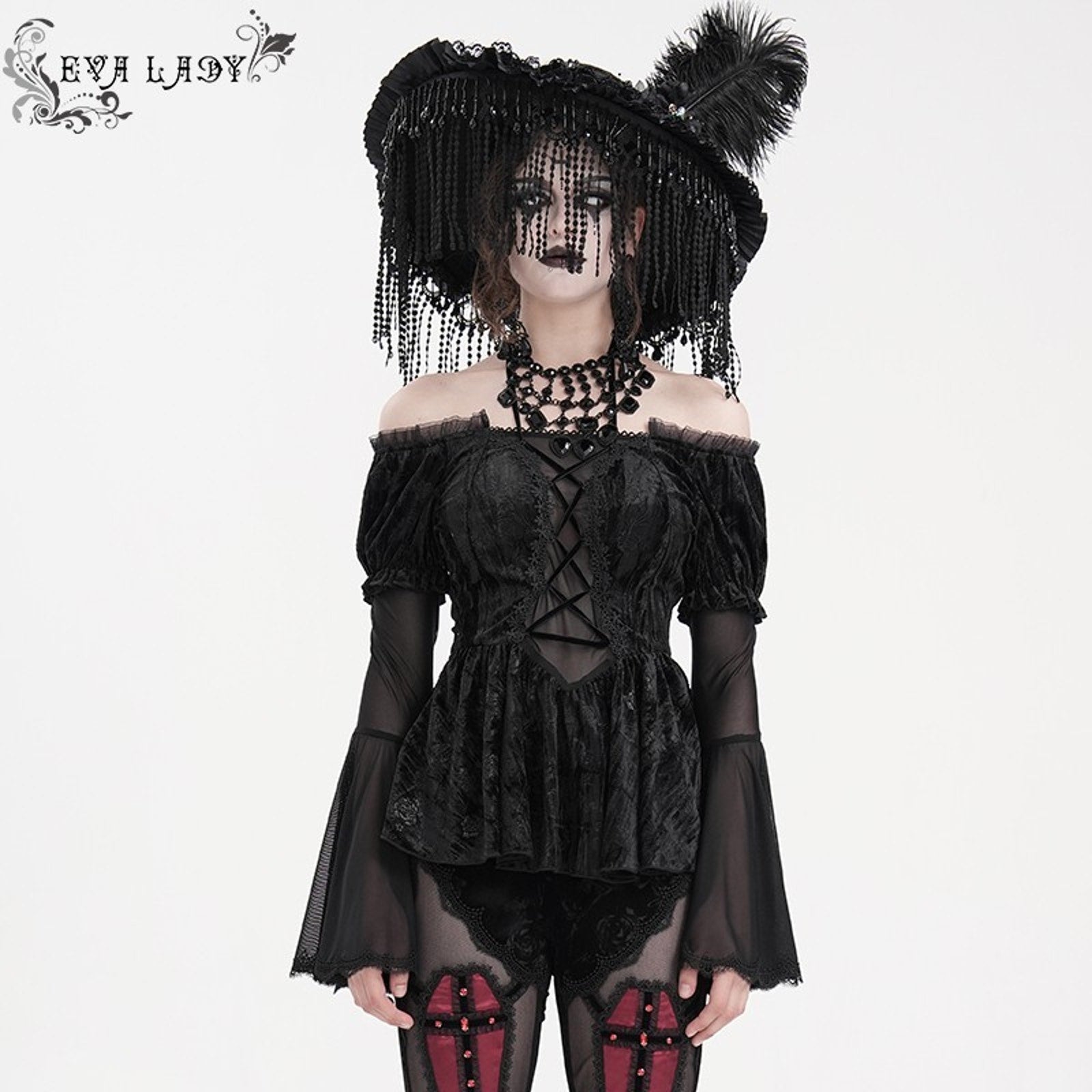 Devil Fashion Gothic Victorian Vampire Black Velvet Rose Princess Peplum Top XS