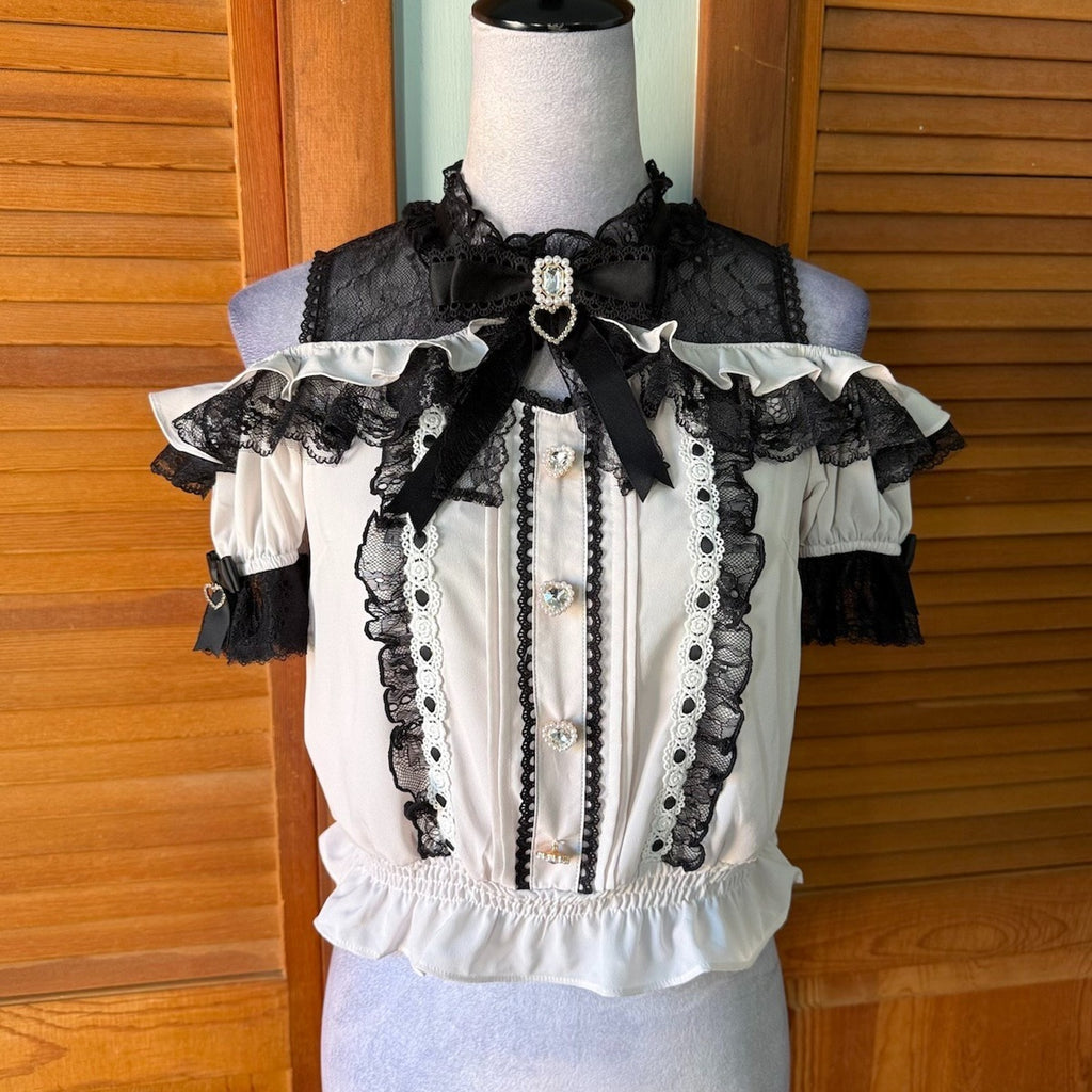 J-fashion Jirai Kei Gyaru Ryosangata Harajuku Pink Black Bow Heart Blouse Top