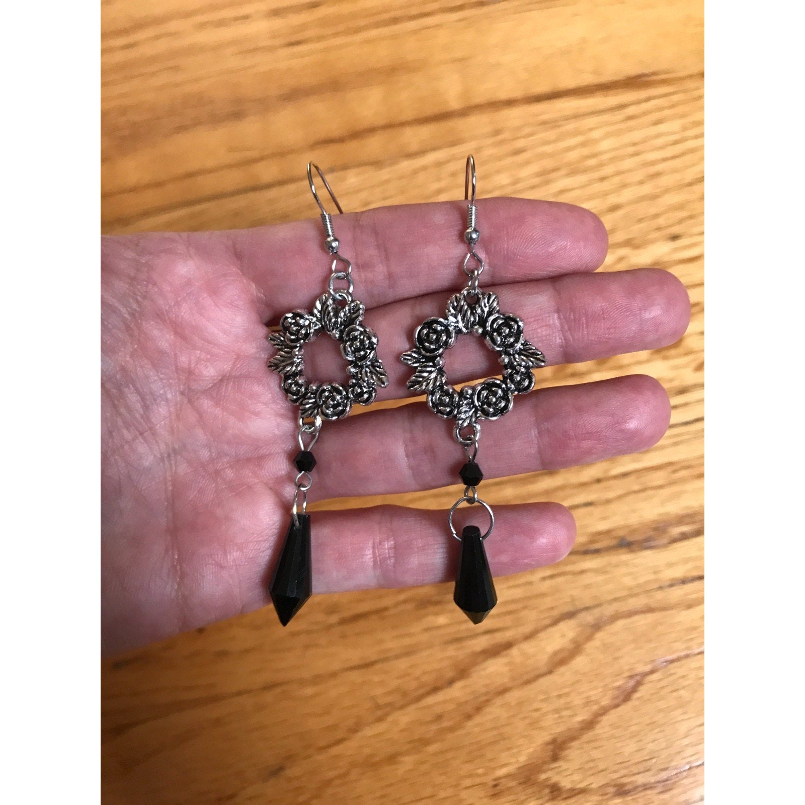 Gothic Victorian Vampire Witchcore EGL Black & Silver Large Rose Circle Earrings