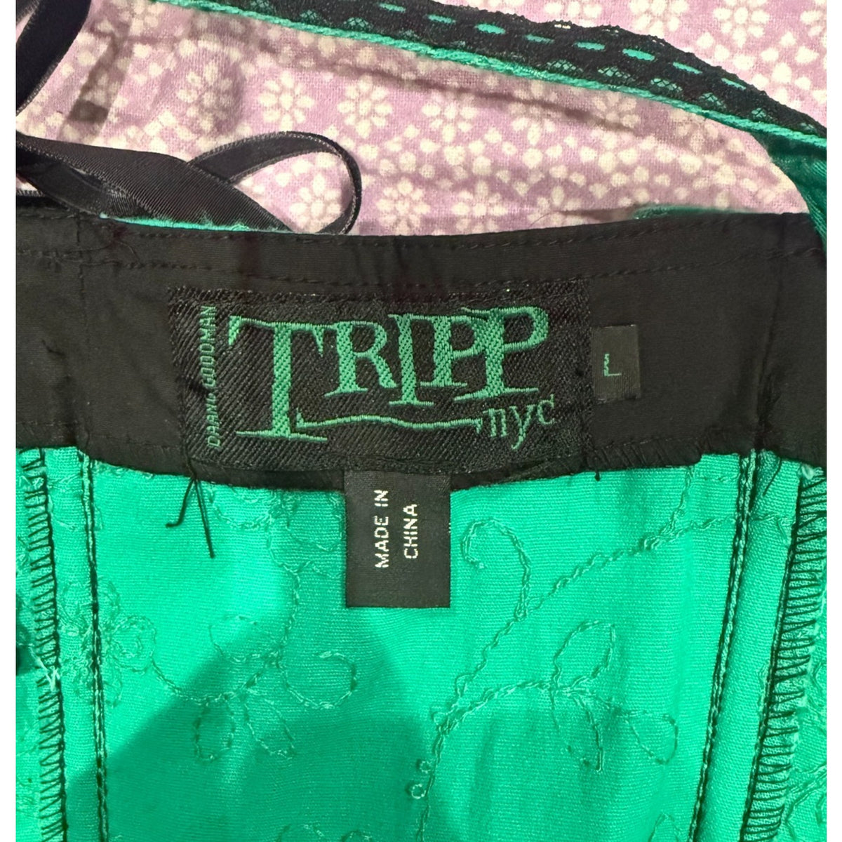 Vintage Tripp NYC Black Velvet Green Jacquard Lace Up Front & Back Corset Top L