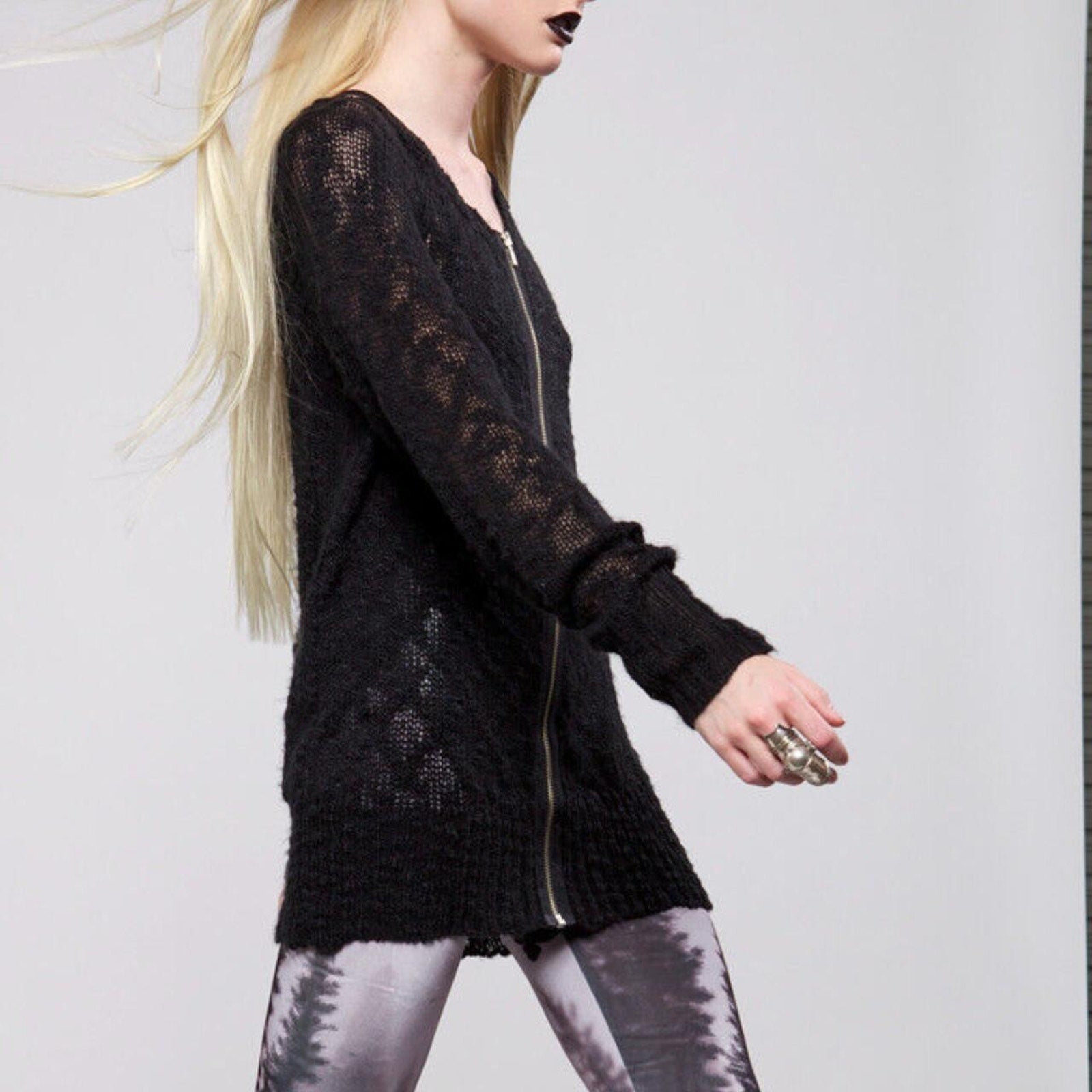 Lip Service Widow Goth Punk Industrial Black Zip Up Front Cardigan Sweater 2XL