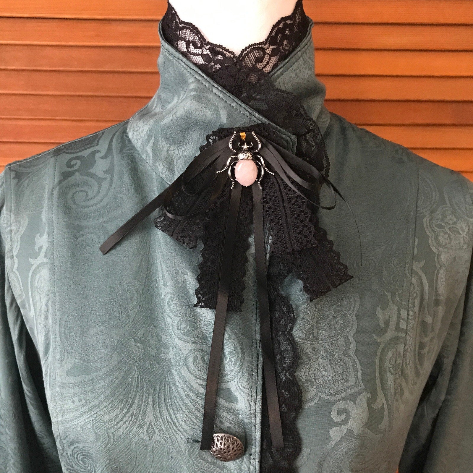 Gothic Lolita Victorian Green Jacquard Light Duster Jacket Dress w/ Bow XS