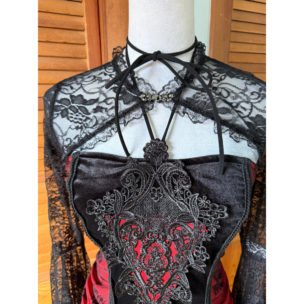 Gothic Victorian Vampire Bloody Garden of Delight Black & Red Lace Velvet Gown L