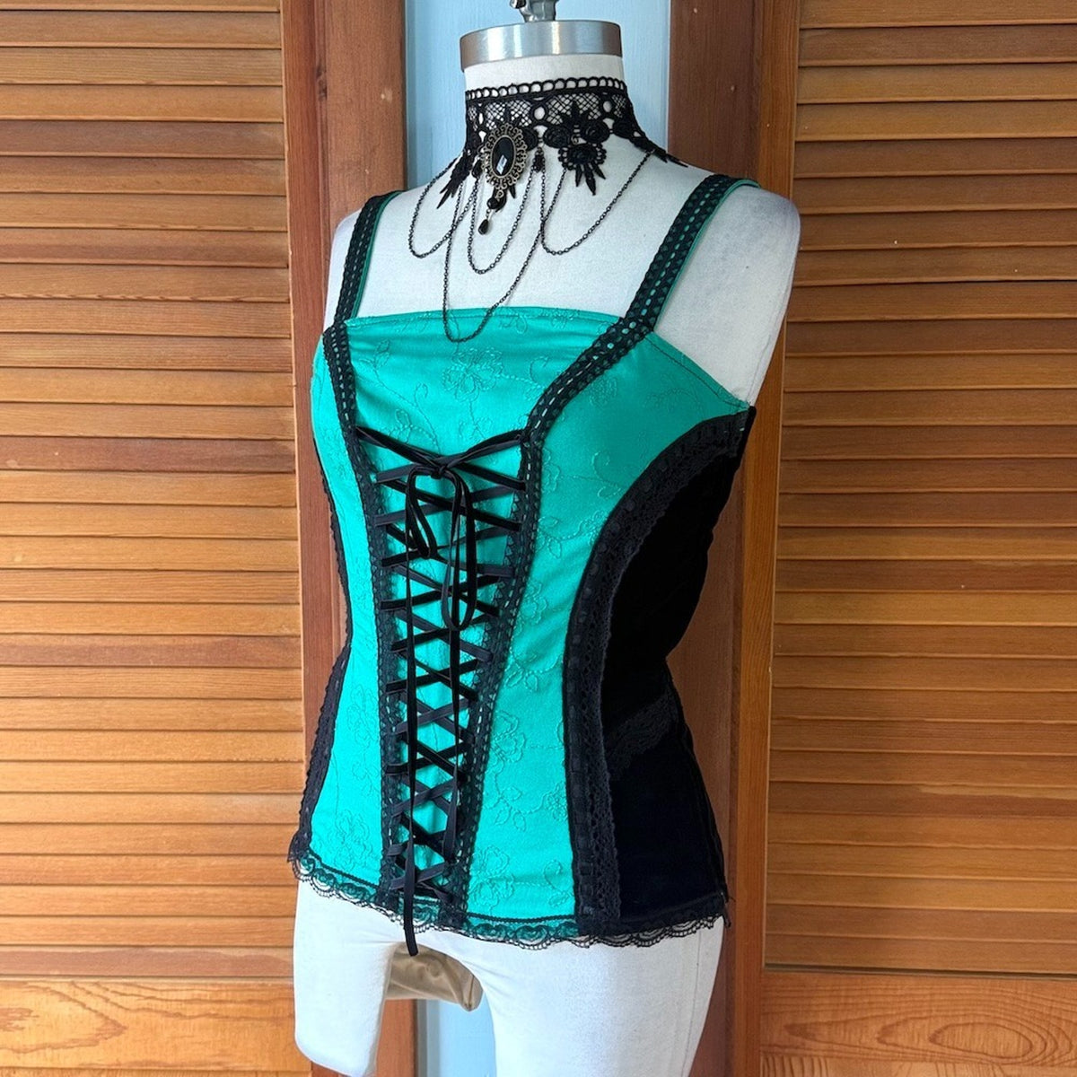 Vintage Tripp NYC Black Velvet Green Jacquard Lace Up Front & Back Corset Top L