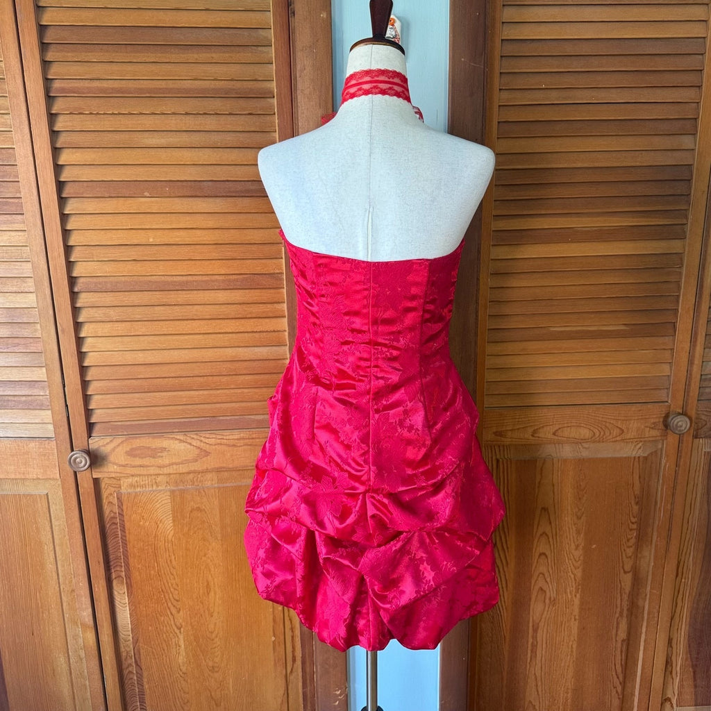 Vintage Burlesque Jessica McClintock Red Brocade Bow Party Cocktail Dress 7 S-M