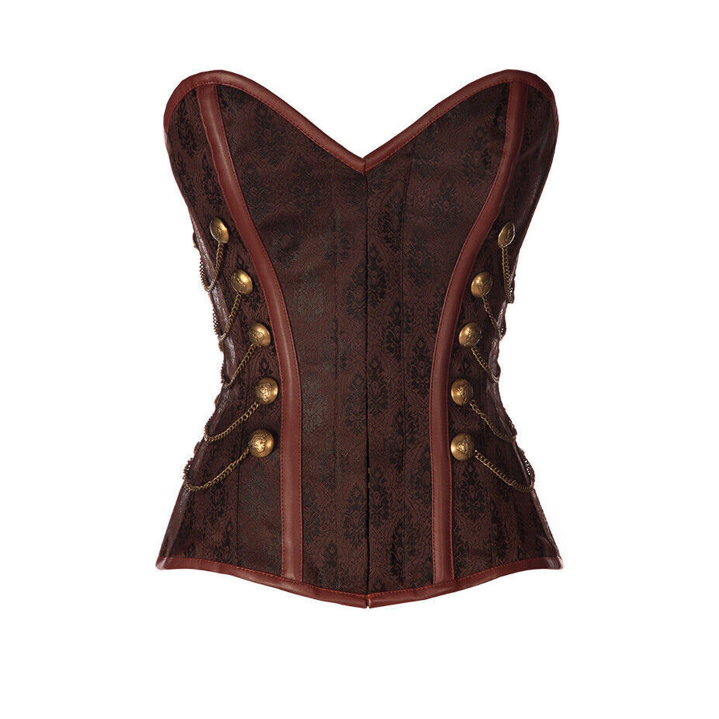 Steampunk Military Cosplay Heavy Steel Boned Brown Brocade Overbust Corset M