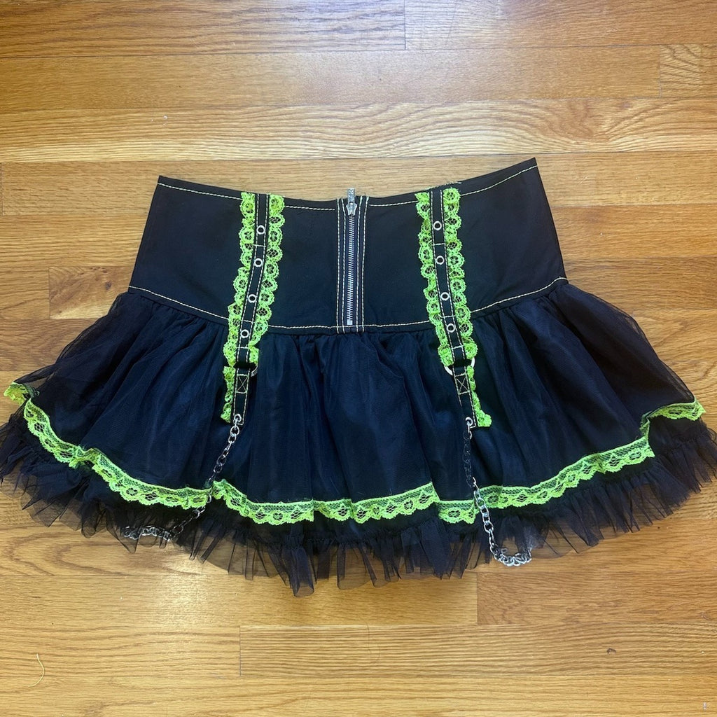 Tripp NYC Gothic Lolita Punk Black Green Lace & Chains Tulle Tutu Mini Skirt XL