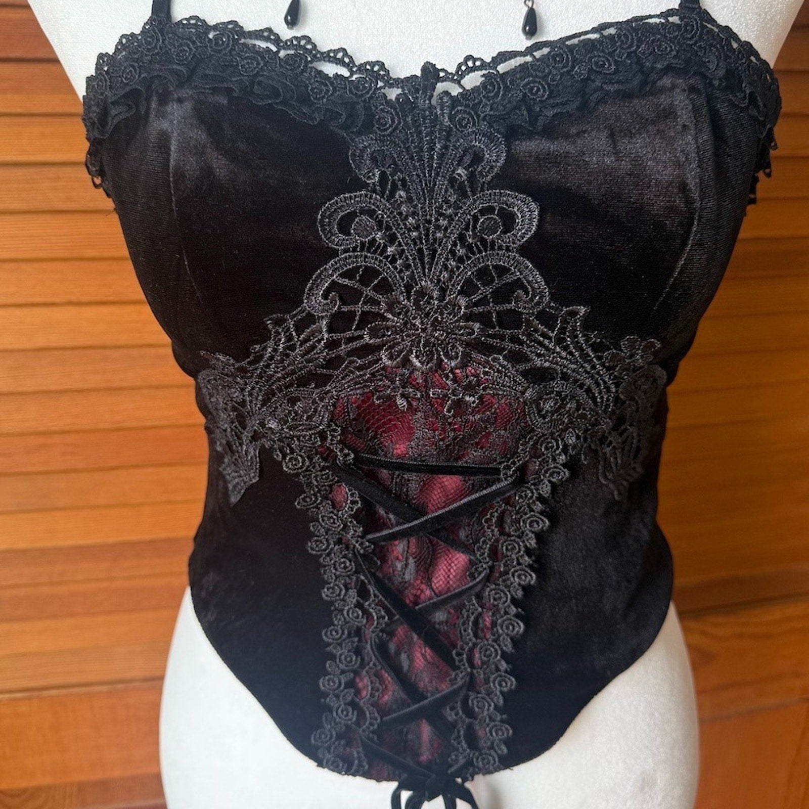 Dark in Love Gothic Victorian Blood Offering Black Red Velvet & Lace Cami Top