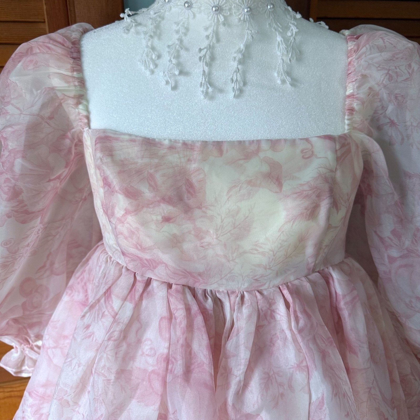 Selkie Cottagecore Romantic Fairycore Pink Floral Puff Sleeve Dress S