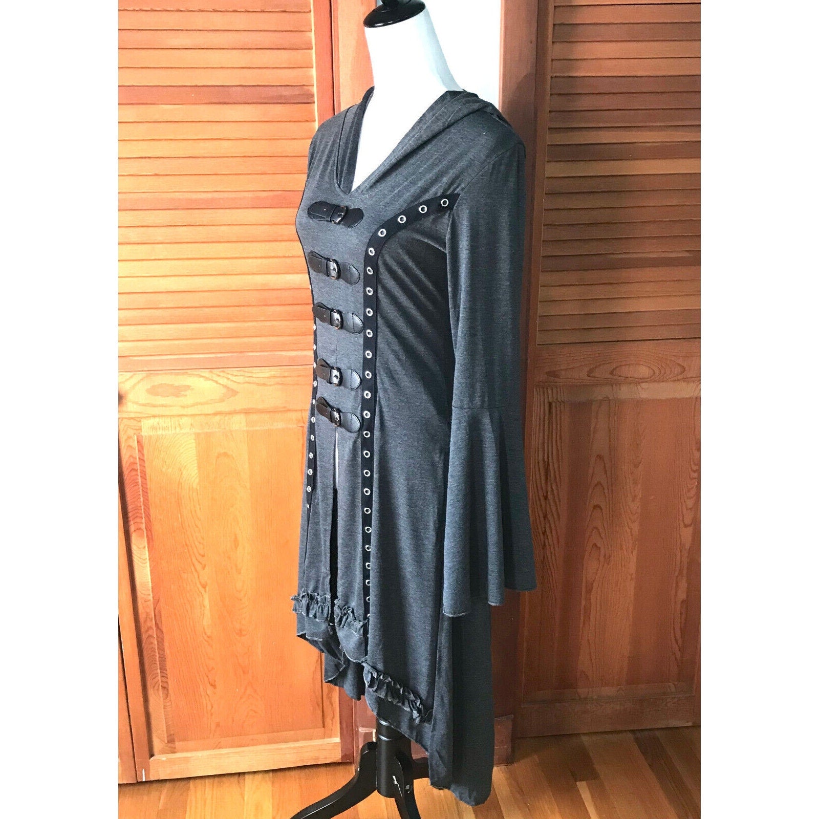 Goth Punk Emo Witchy Y2K Hooded Gray Buckle High-Low Duster Jacket Top Dress S