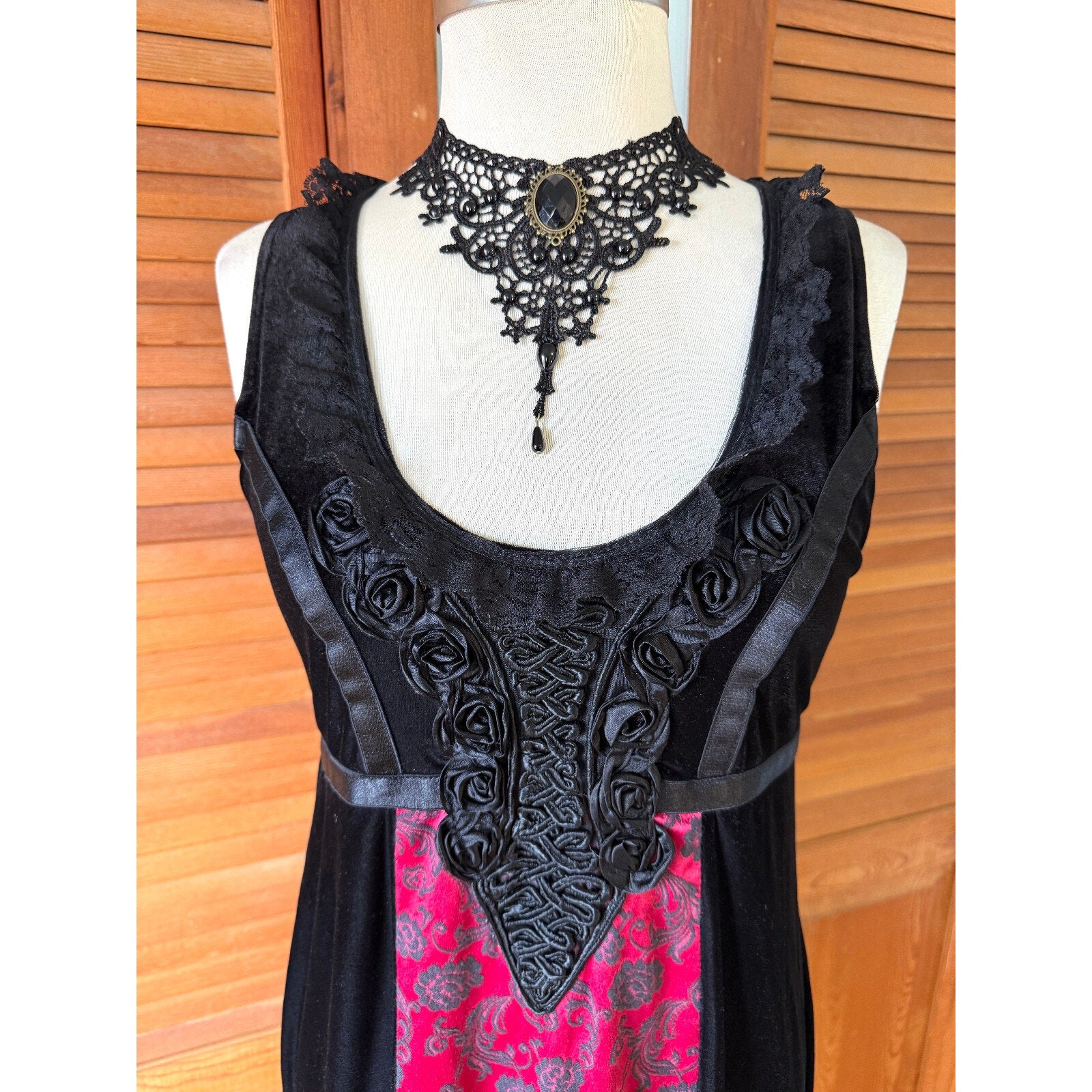 Vintage Cykxtees Gothic Victorian Y2K Velvet Black Crimson Red Brocade Dress M
