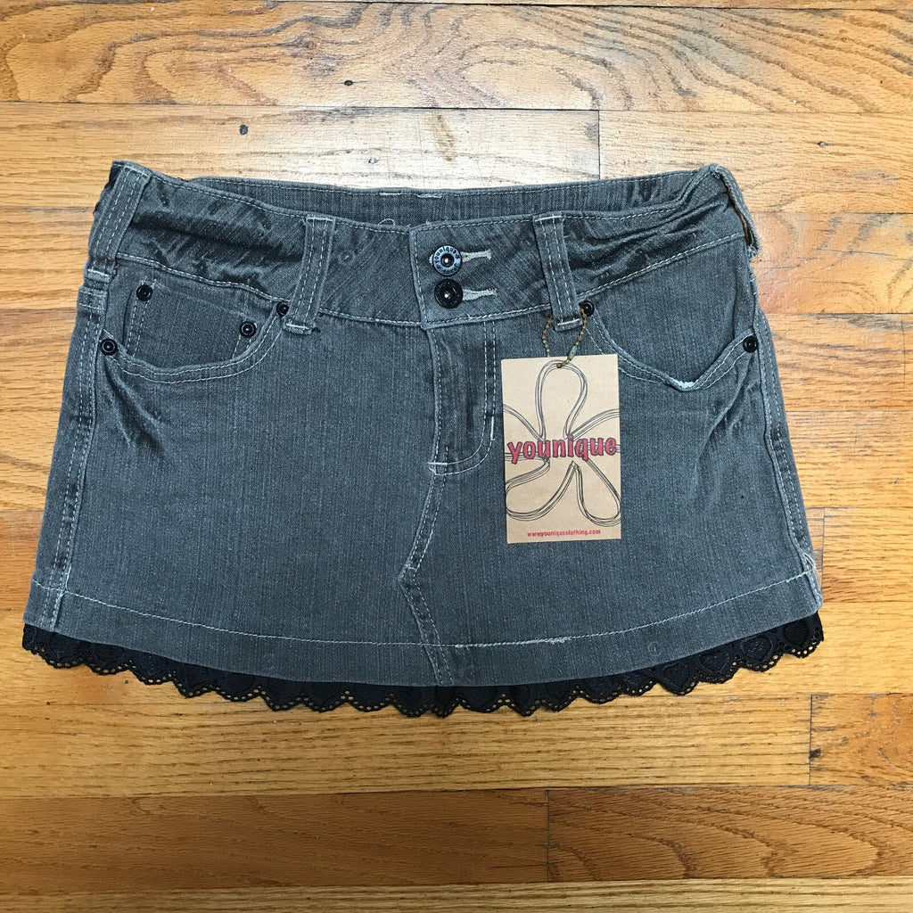 Punk Goth Gray Denim Rainy Day Mini Skirt w/ Black Lace Trim 9
