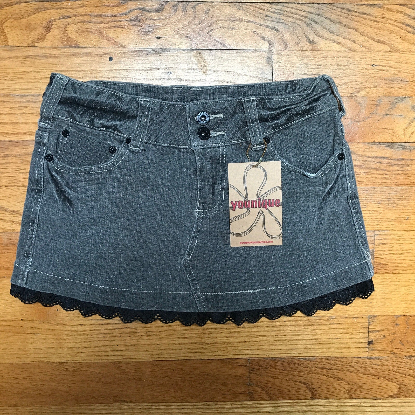 Punk Goth Gray Denim Rainy Day Mini Skirt w/ Black Lace Trim 9