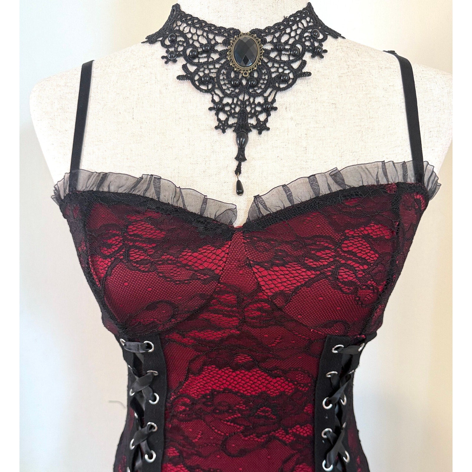 Gothic Victorian Vampire Lace Me Up Red Black Lace Over Long Gown Dress S