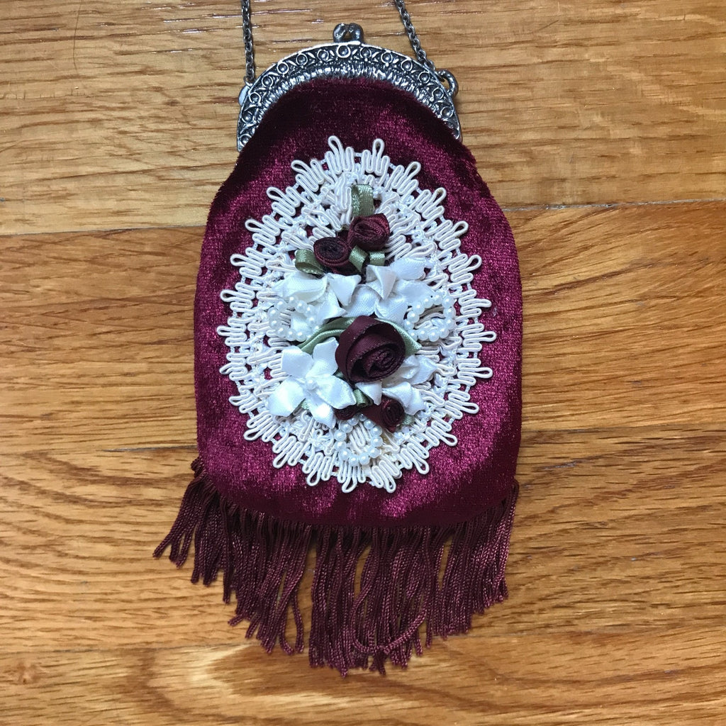 Gothic Victorian Vampire Burgundy Velvet White Lace Roses Lilies Tiny Coin Bag