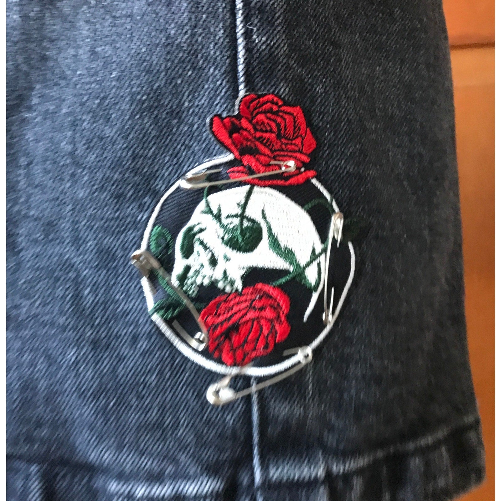 Punk Goth Dark Gray Denim Patches, Safety Pins & Chains Skirt XS 0