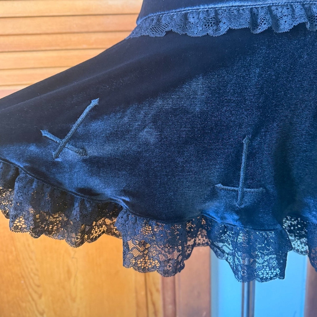 Gothic Victorian Witchcore Lolita Vkei Black Velvet Cross & Ruffle Mini Skirt