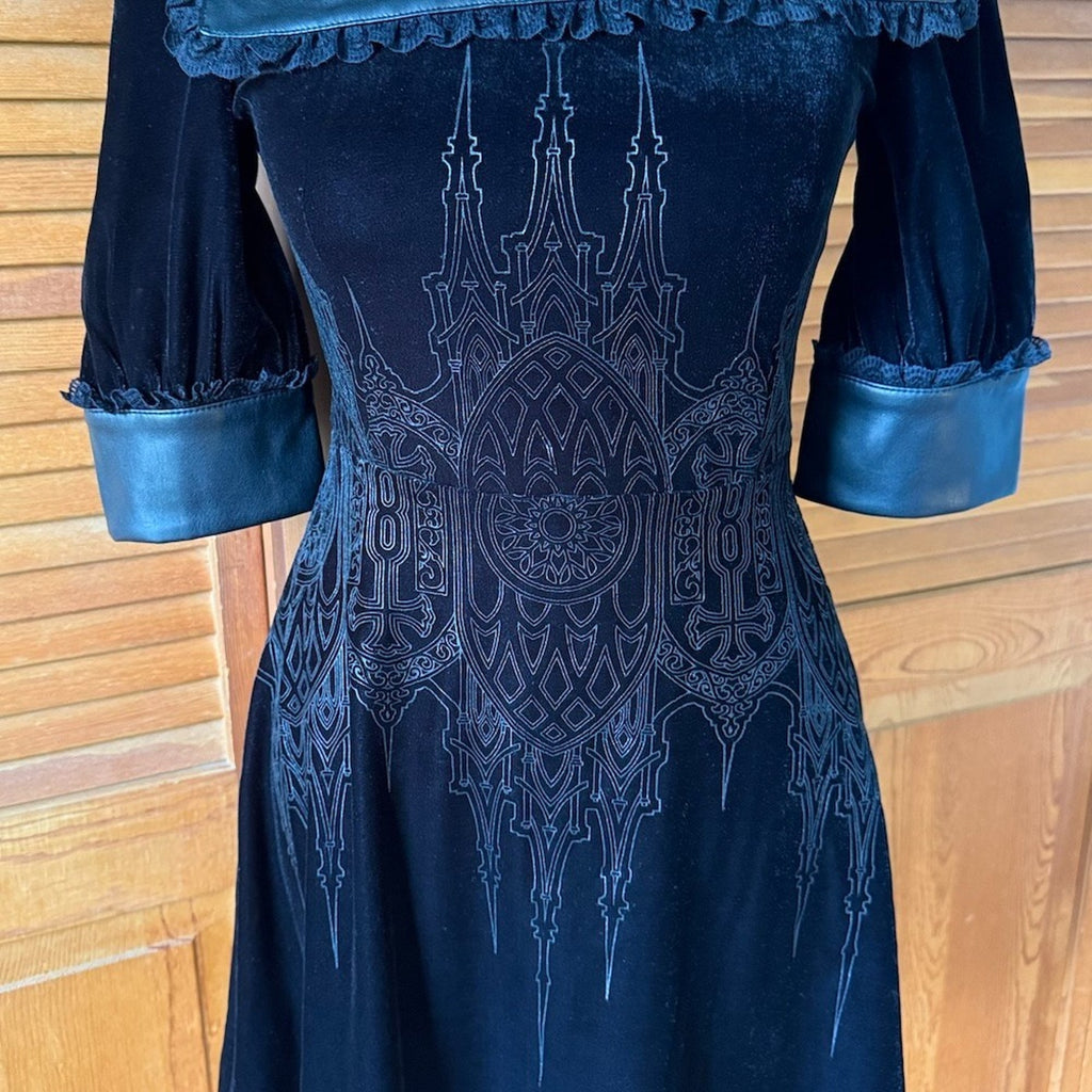 Killstar Gothic Victorian Black Velvet Faux Leather Collar Castle Dress XS