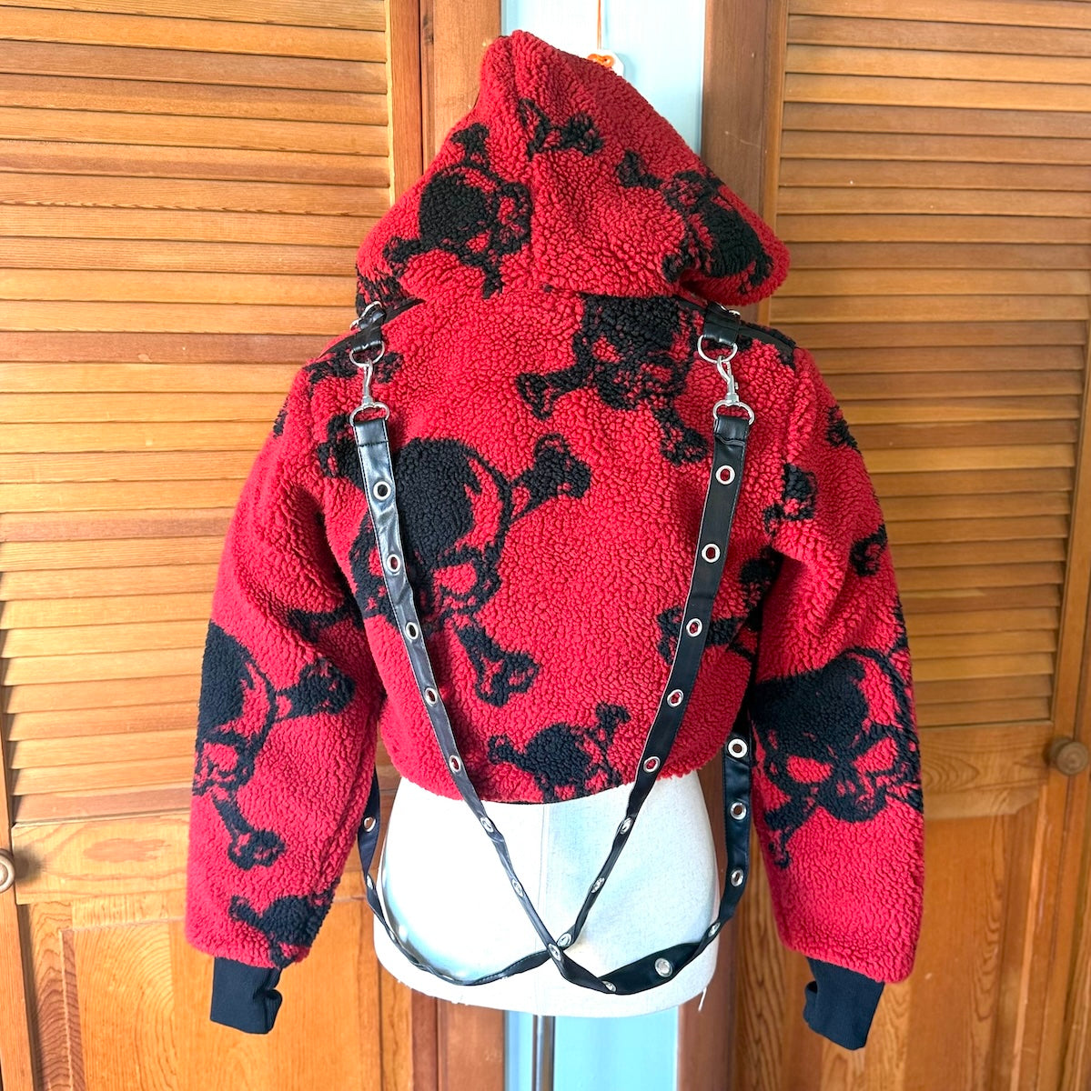 Dolls Kill Punk Goth Y2K Red Faux Fur Black Skull Bondage Strap Jacket