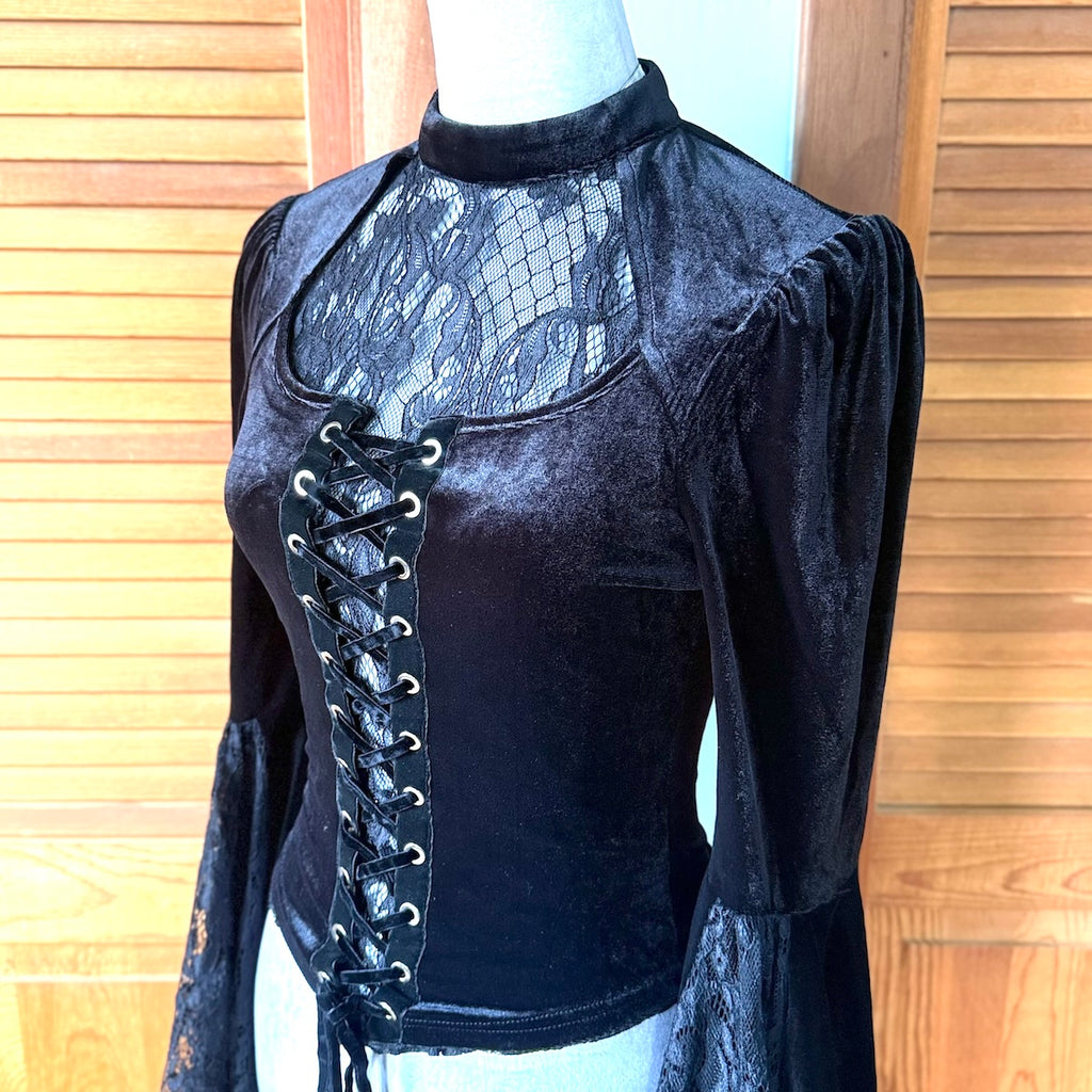 Dark in Love Victorian Vkei Velvet & Lace Belle Sleeve Lace-Up Front Top