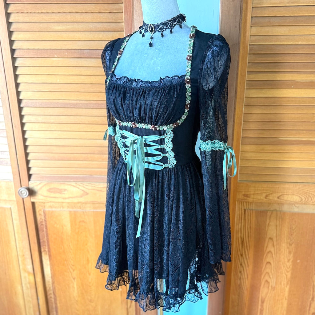 Gothic Fairy Dolls Kill Black Lace Green Lace Up Panel Dress