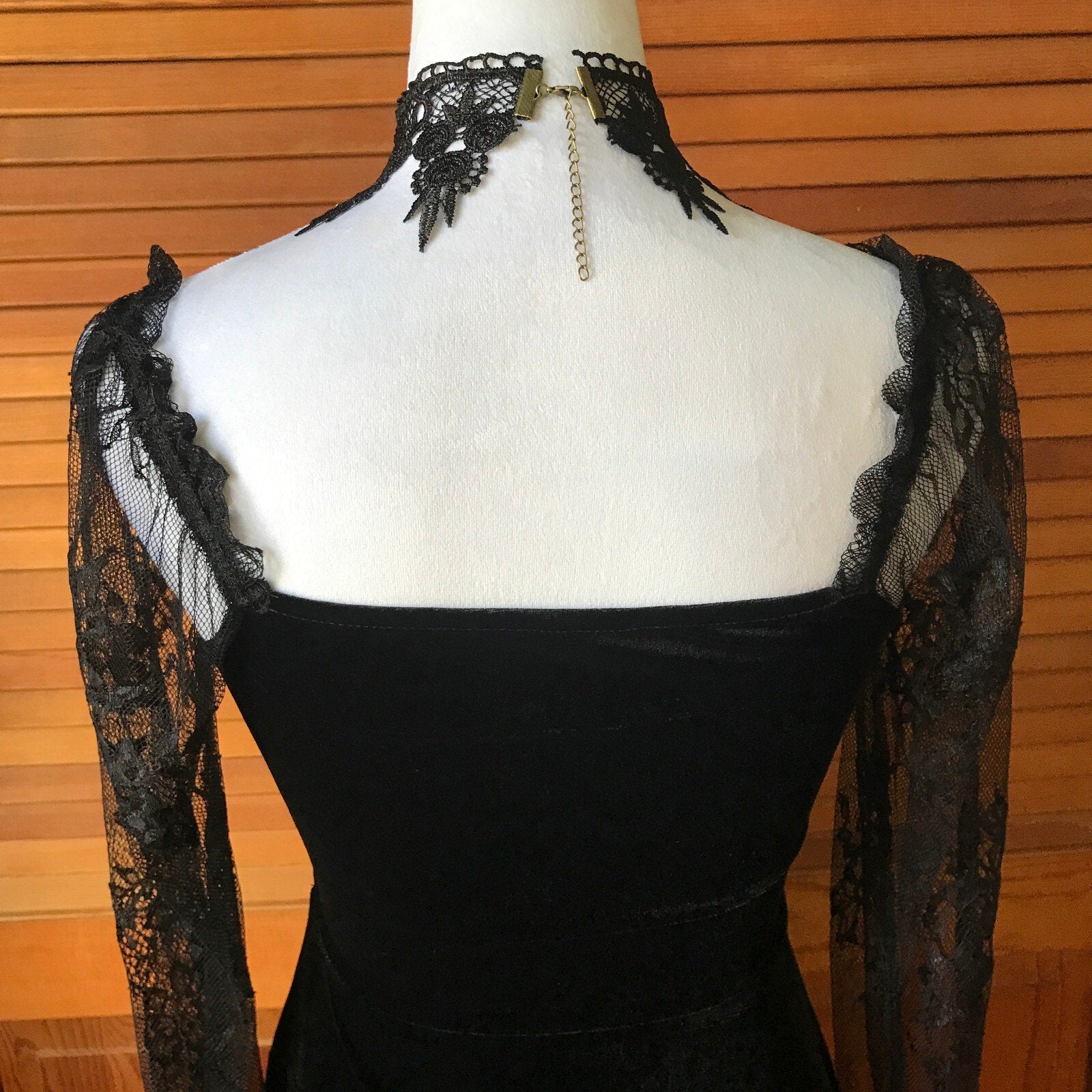 Gothic Victorian Dark Side of the Moon Black Velvet & Lace Dress