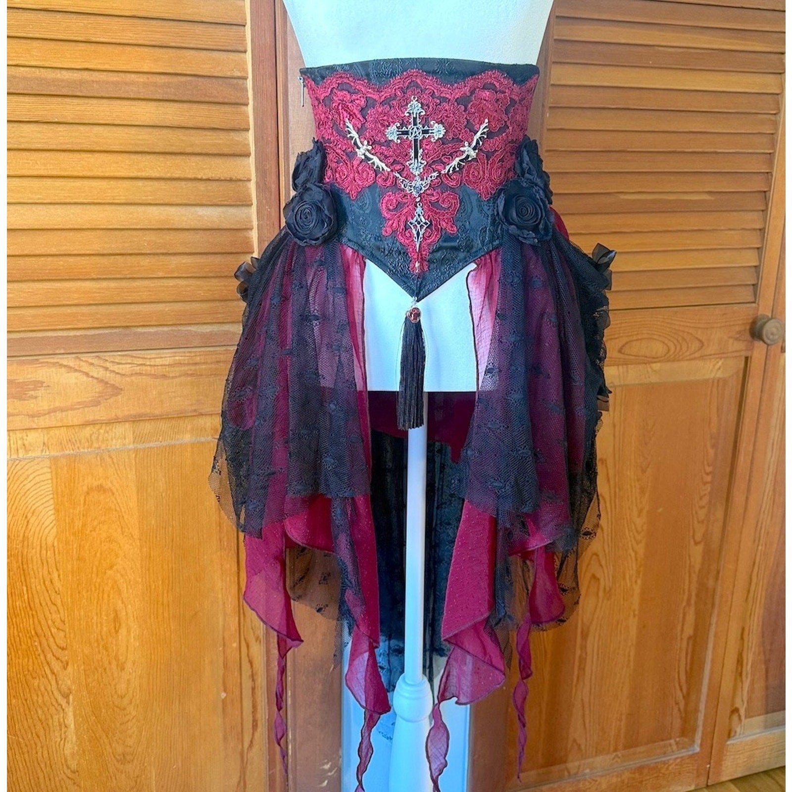 Devil Fashion Gothic Victorian Vampire Red Black Rose Cross Cincher Overskirt
