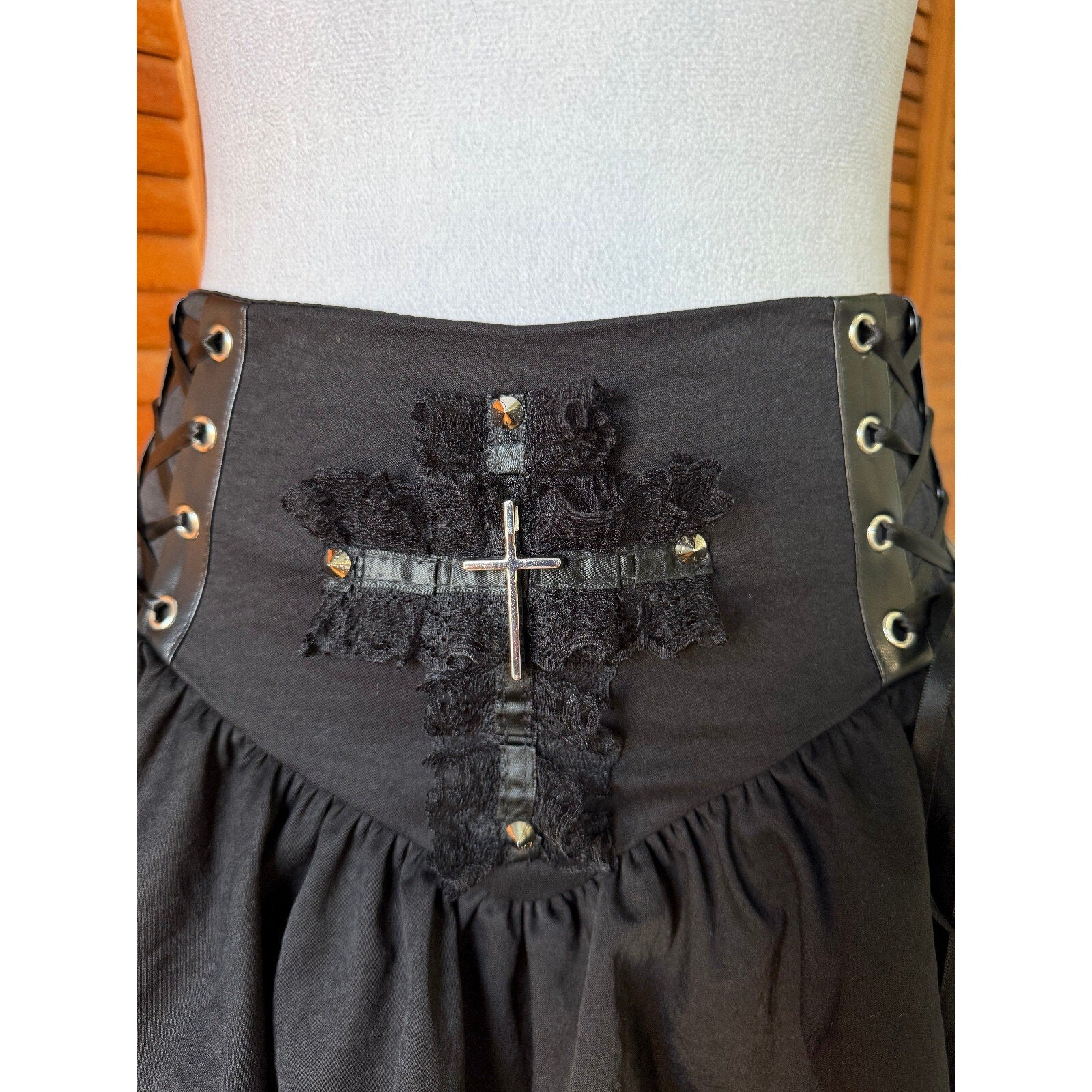 Punk Goth Lolita Harajuku Black Cross Lace-up Sides Ruffle Mini Skirt
