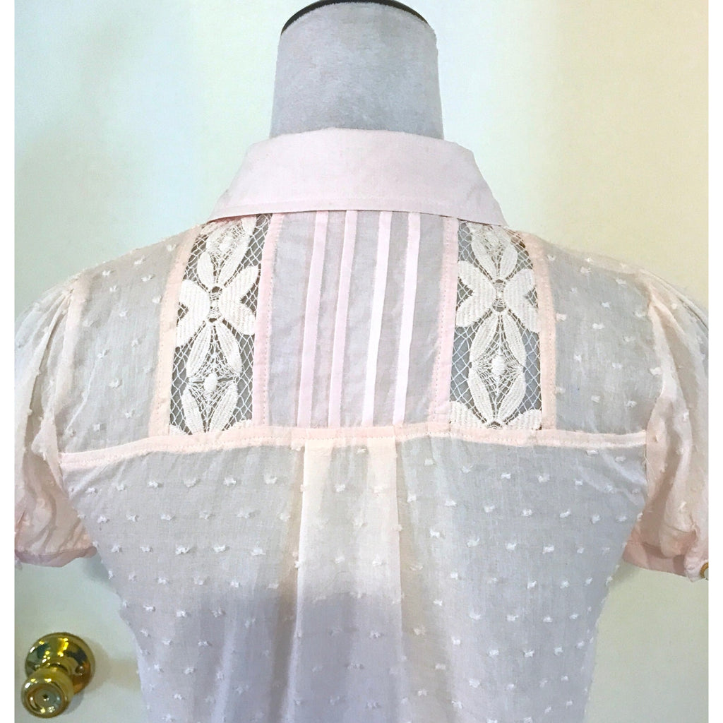 Whimsigoth Victorian Lolita Steampunk Pink Cotton Floral Lace Shirt S