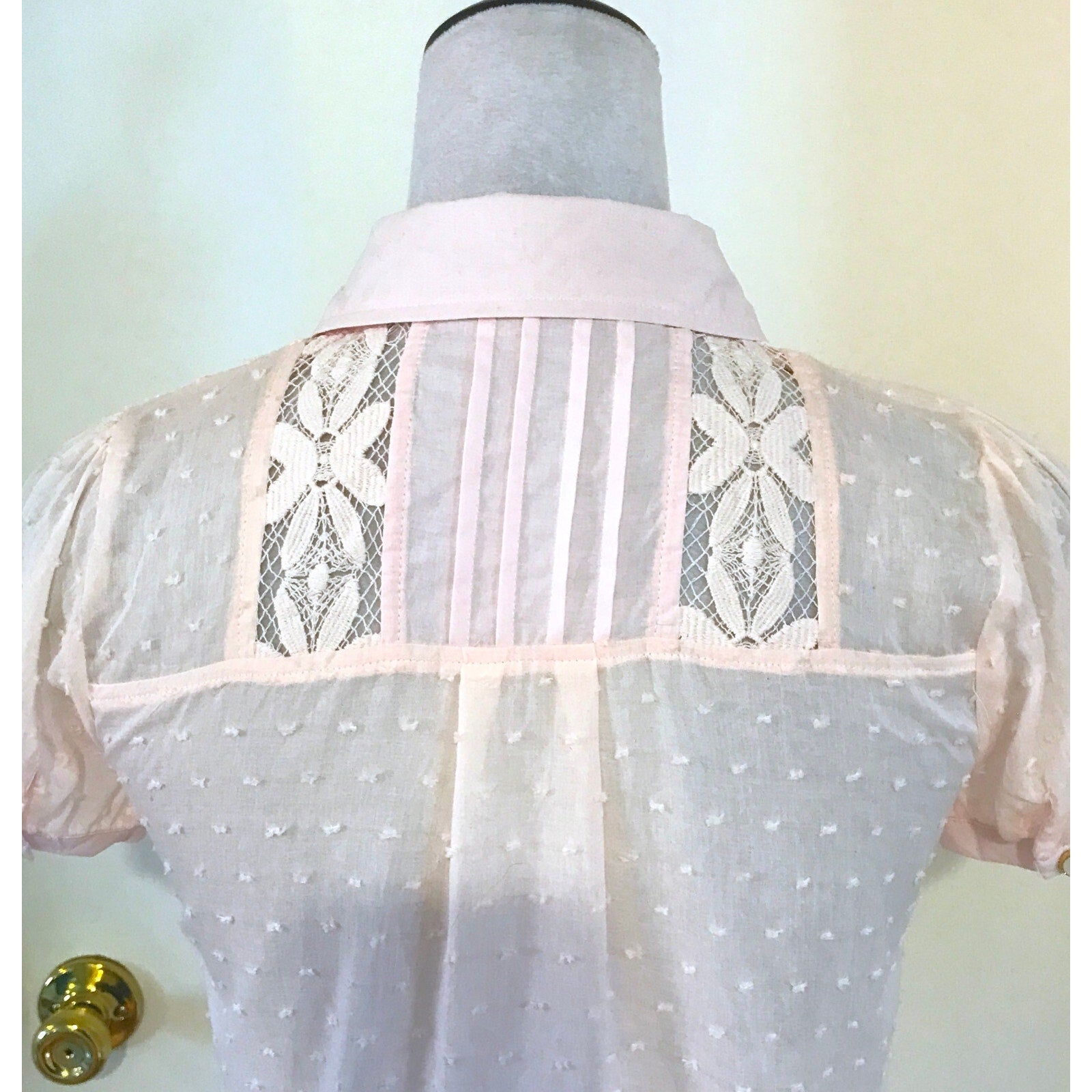 Whimsigoth Victorian Lolita Steampunk Pink Cotton Floral Lace Shirt S