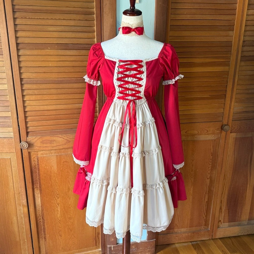 Bodyline ELG Lolita Kawaii Dollcore Red Beige Transformer Lace-Up Dress M