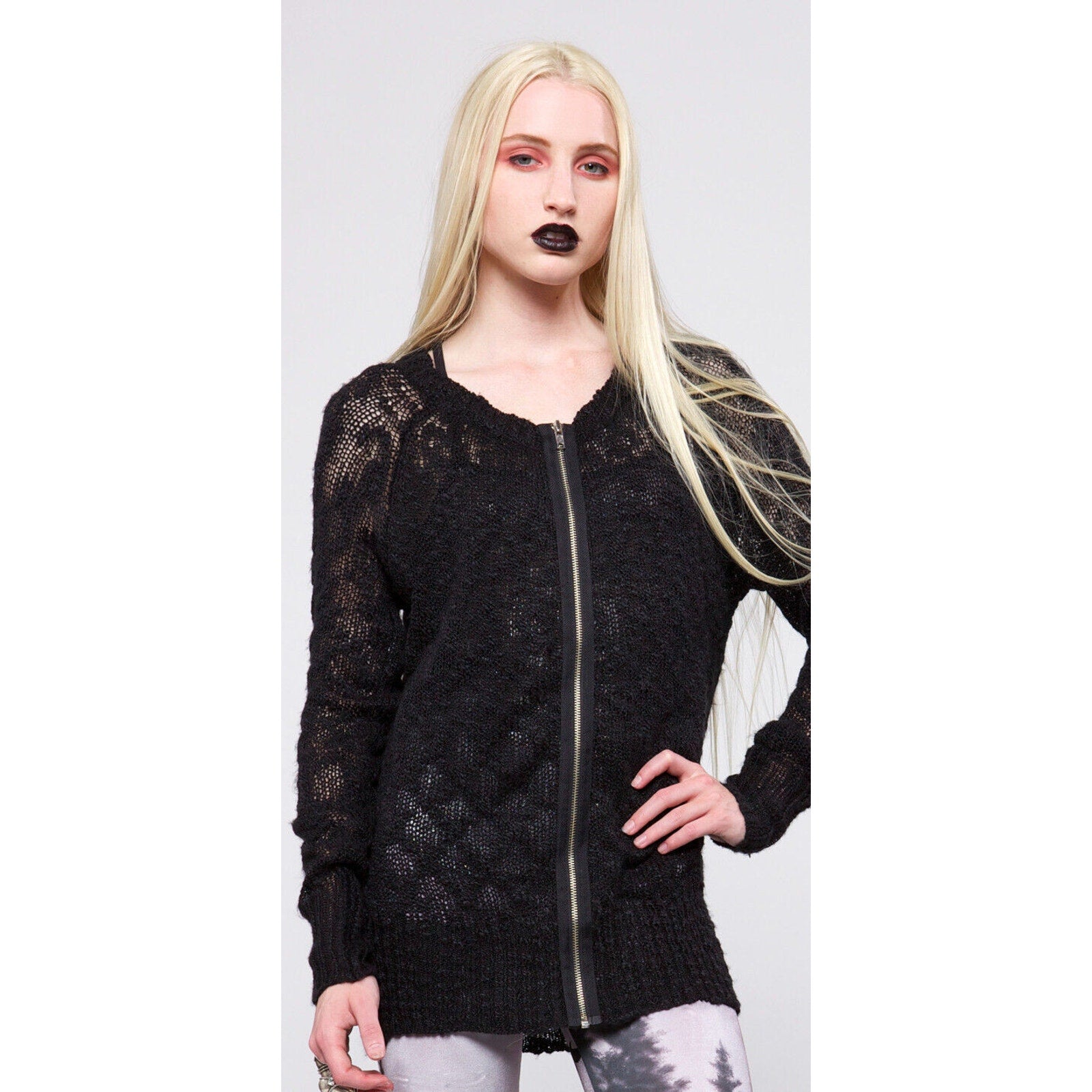 Lip Service Widow Goth Punk Industrial Black Zip Up Front Cardigan Sweater 2XL