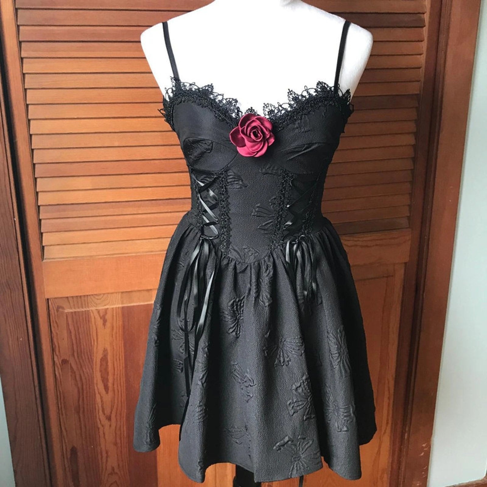 Gothic Lolita Victorian Black Textured Lace-up Panel Mini Dress S