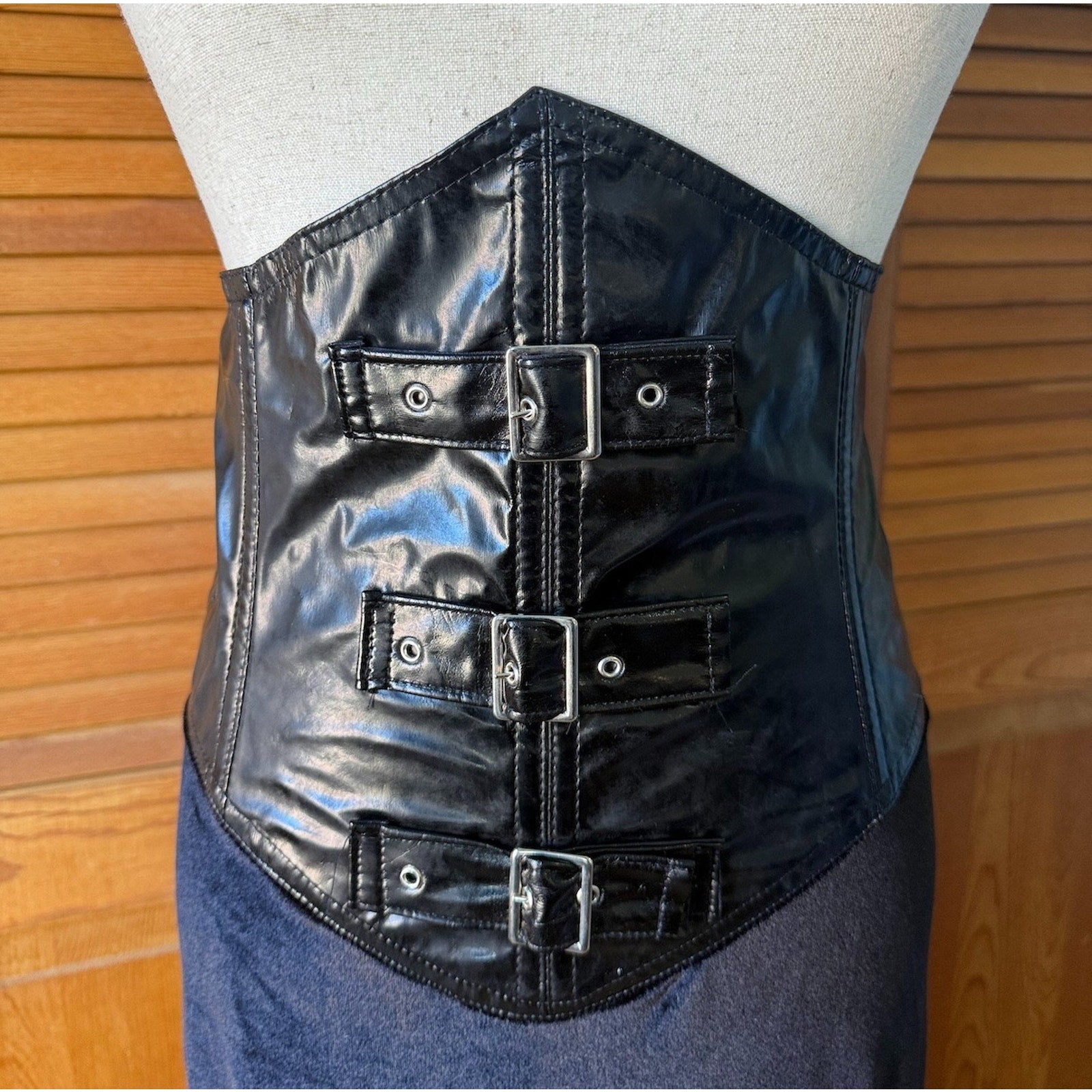 Vintage Phaze Goth Black Velvet & Vinyl High Waist Buckle Corset Skirt S