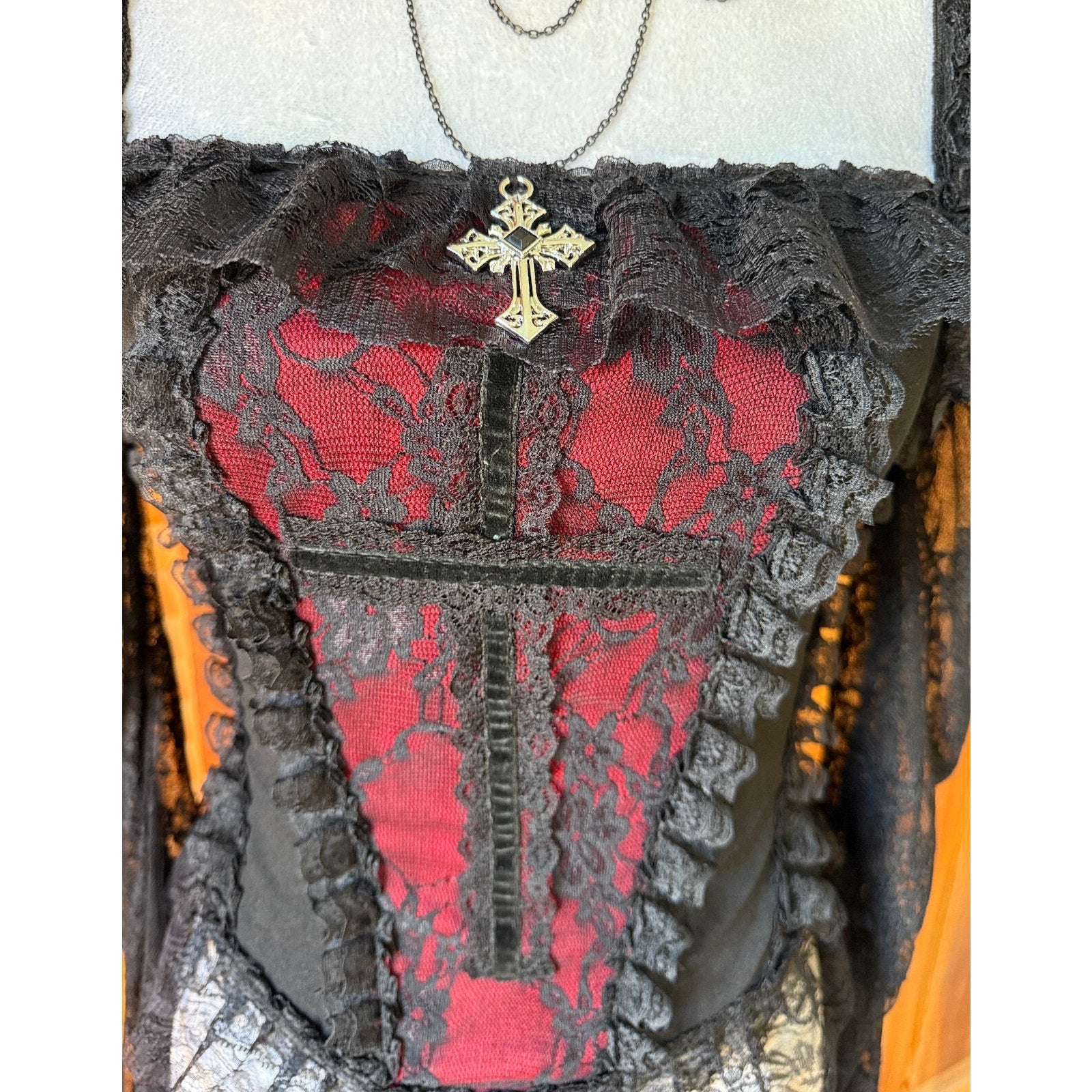 Gothic Victorian Vampire Cross Black & Red Lace Trim Long Sleeve Top