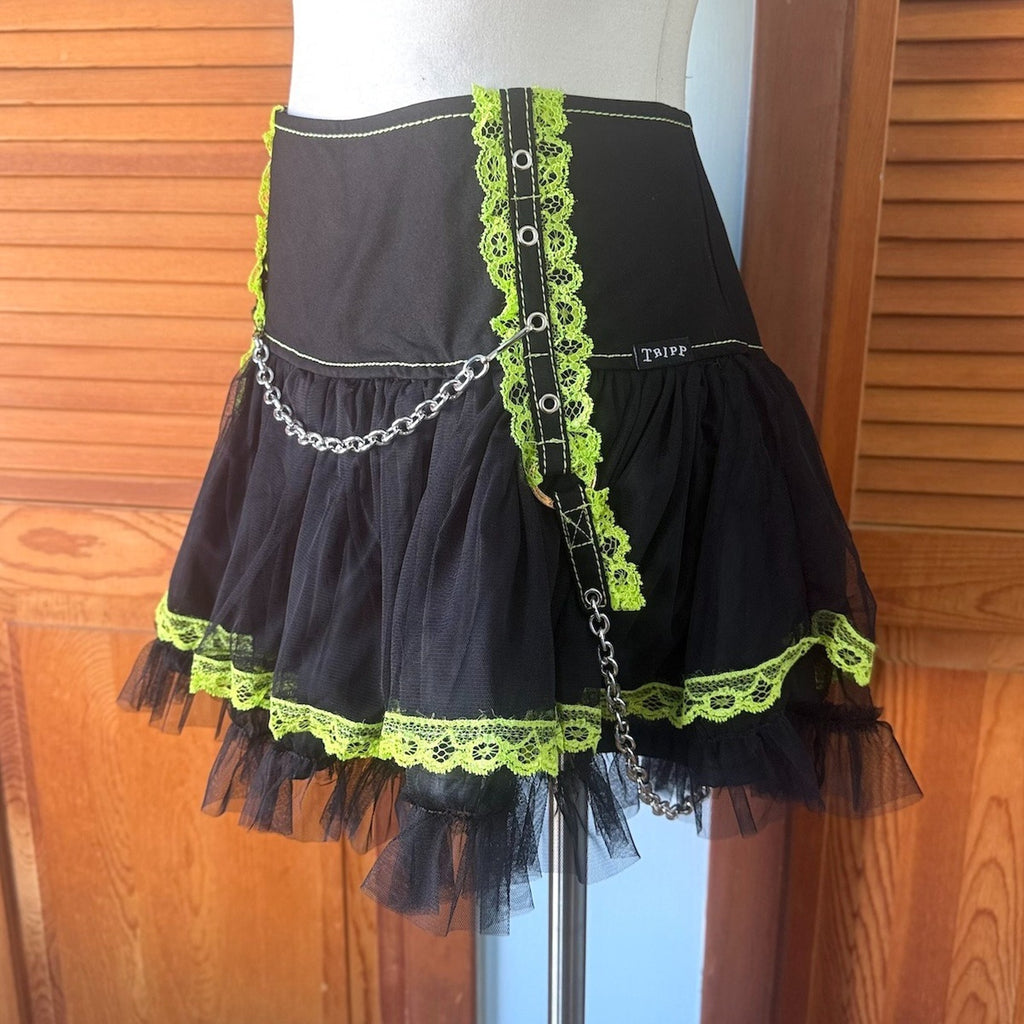 Tripp NYC Gothic Lolita Punk Black Green Lace & Chains Tulle Tutu Mini Skirt XL