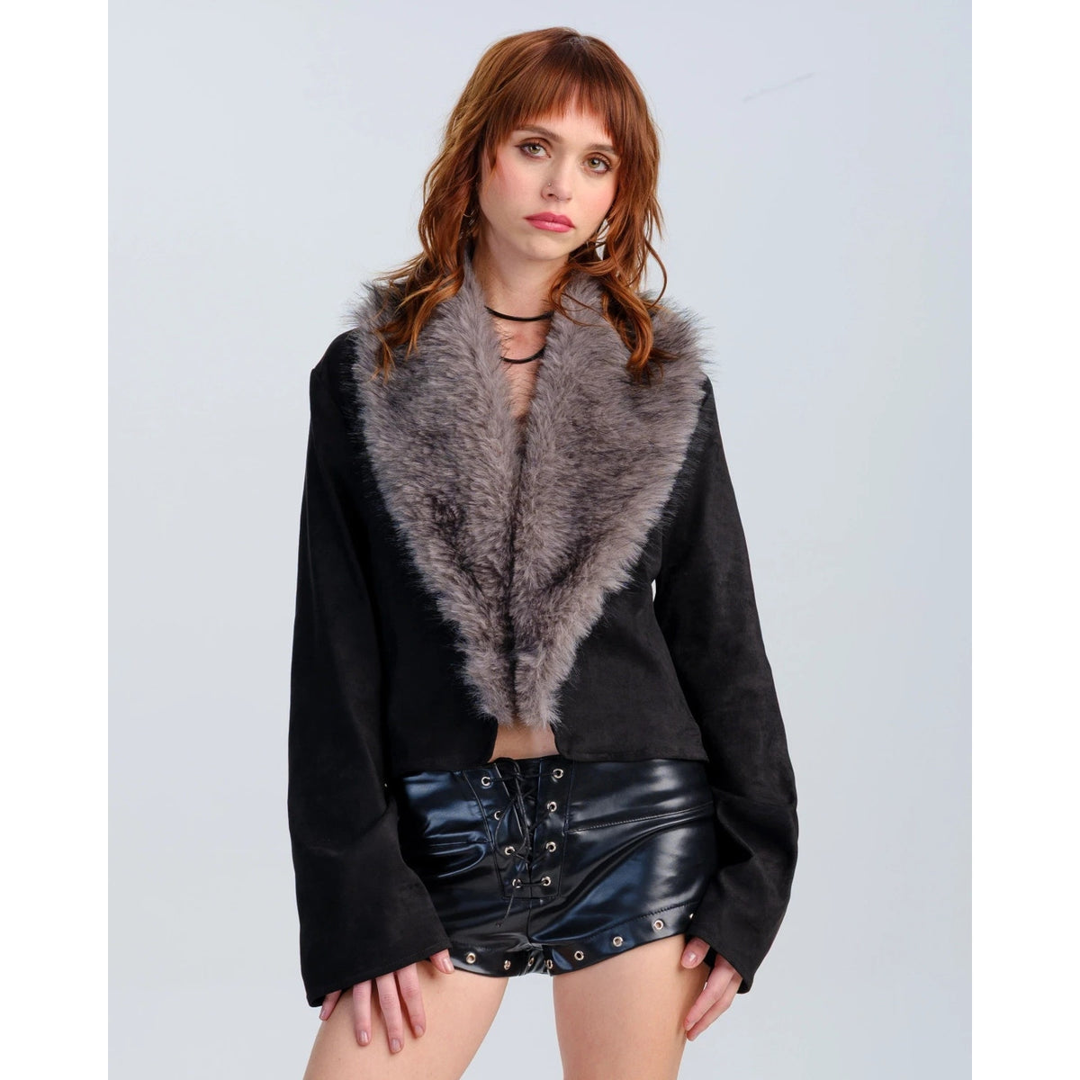 Goth Punk Vampire Werewolf Unleashed Black Gray Faux Fur Collar Fall Jacket