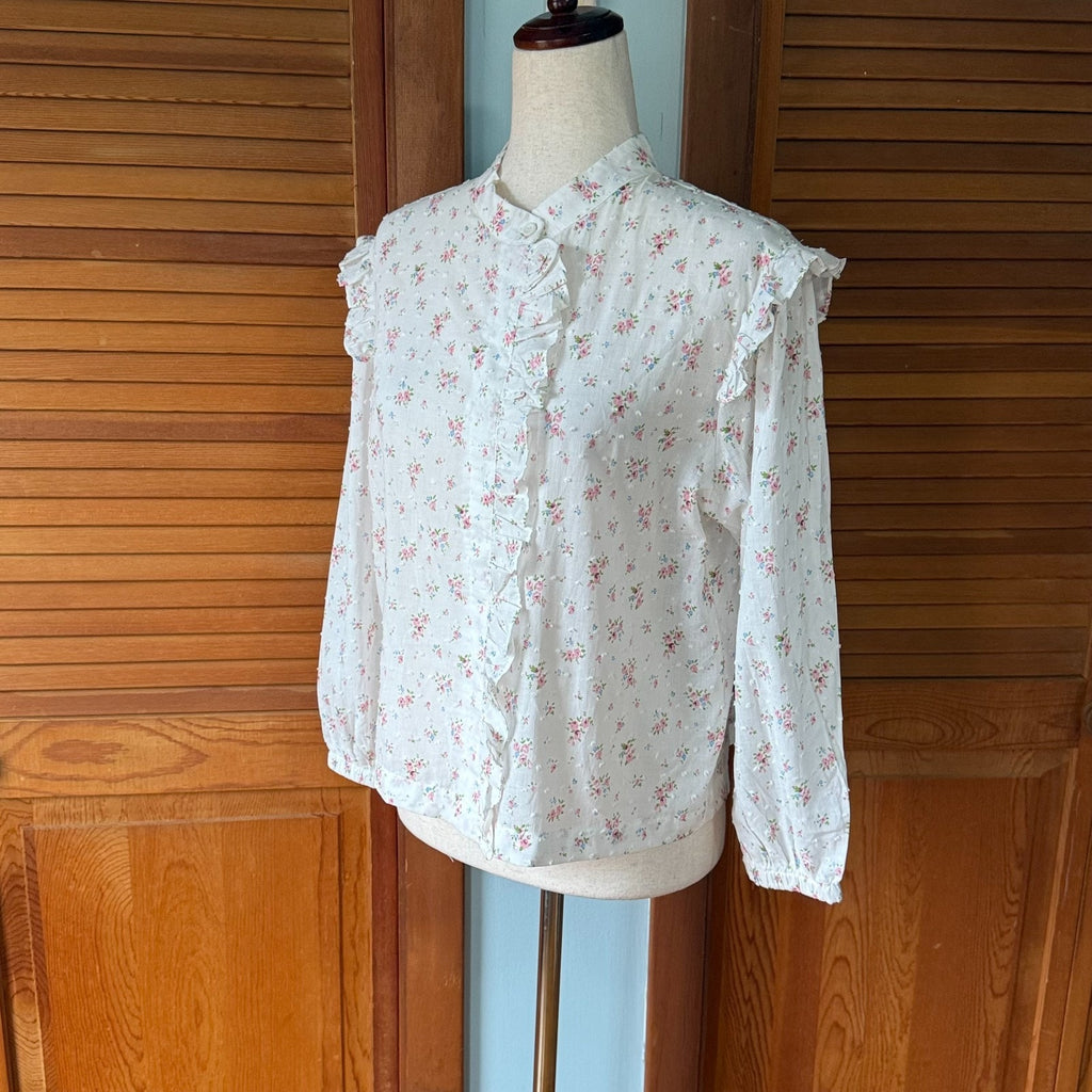 Vintage Style Romantic Victorian Whimsigoth White Cotton Pink Rose Ruffle Shirt