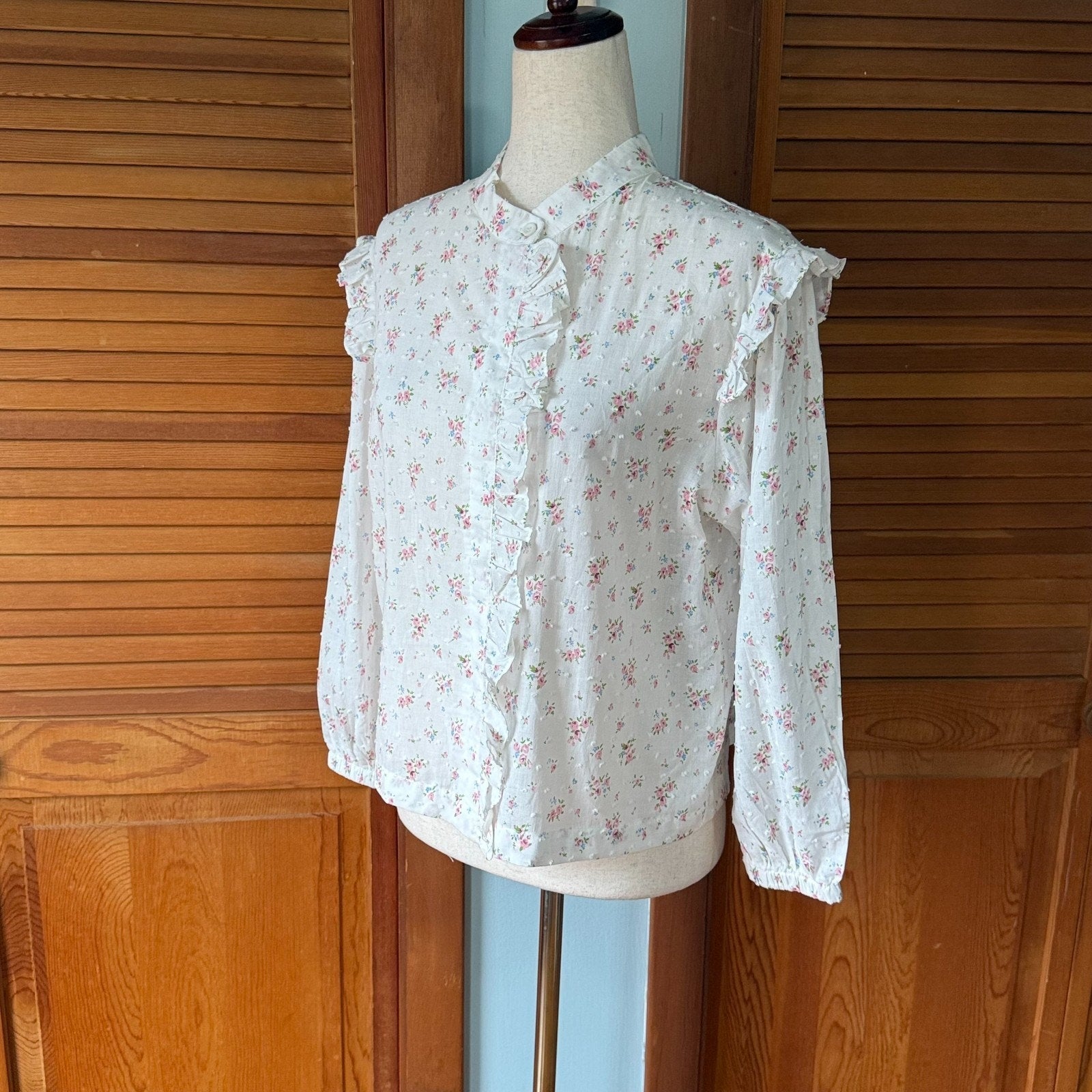 Vintage Style Romantic Victorian Whimsigoth White Cotton Pink Rose Ruffle Shirt