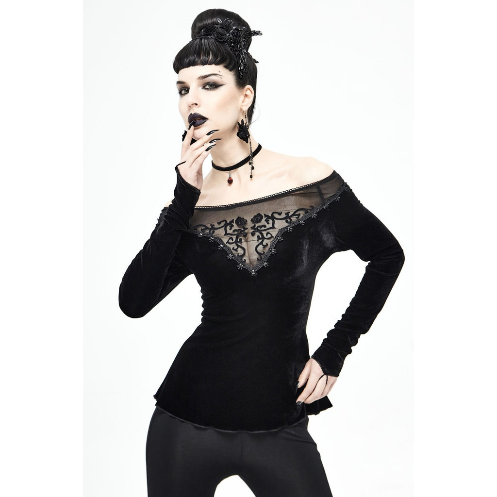 Devil Fashion Gothic Victorian Black Velvet Rose Diva Long Sleeve Top
