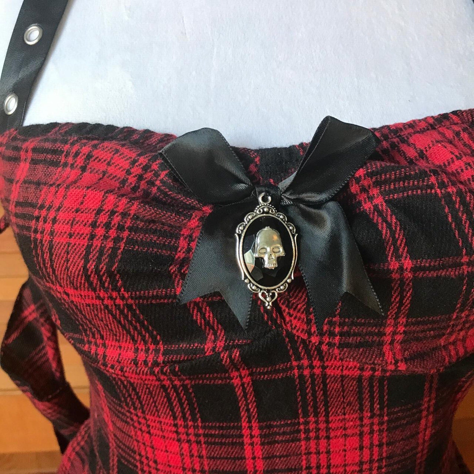 Punk Goth Red Plaid Tartan Pixie Hem Shoulder Strap Dress M