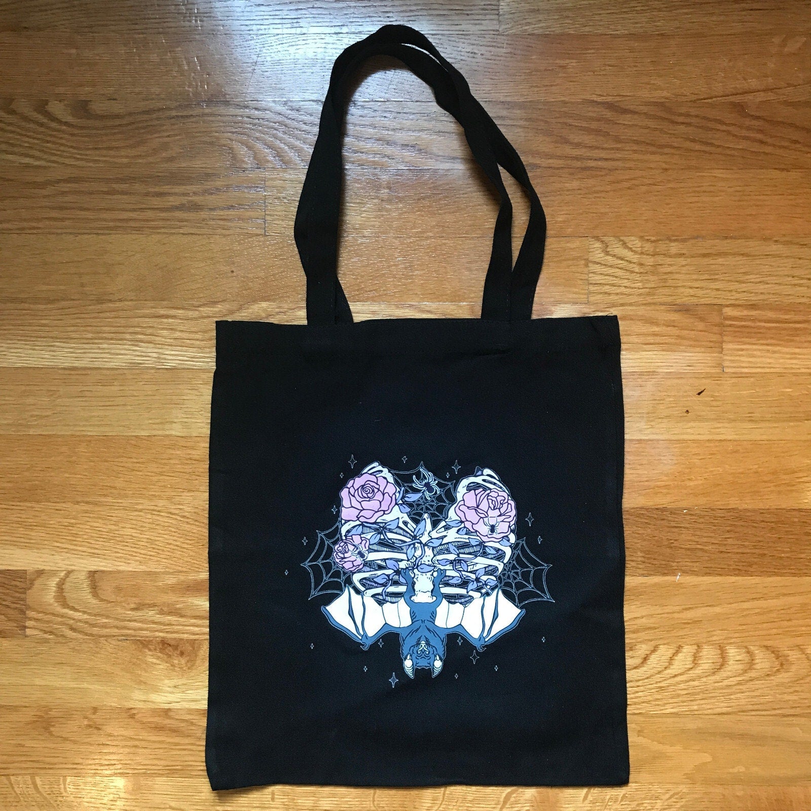 Gothic Lolita EGL Punk Pink & Black Rib Cage Roses & Bat Skelton Tote Bag