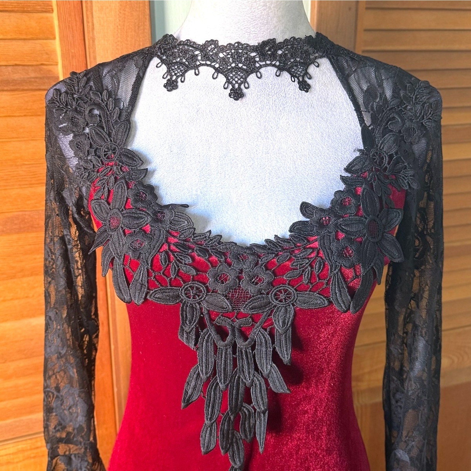 Gothic Victorian Vampire Blood Flowers Red Velvet & Black Lace Gown Dress