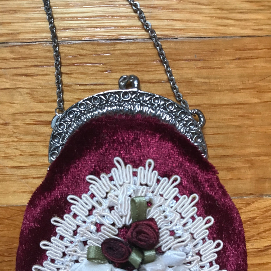 Gothic Victorian Vampire Burgundy Velvet White Lace Roses Lilies Tiny Coin Bag