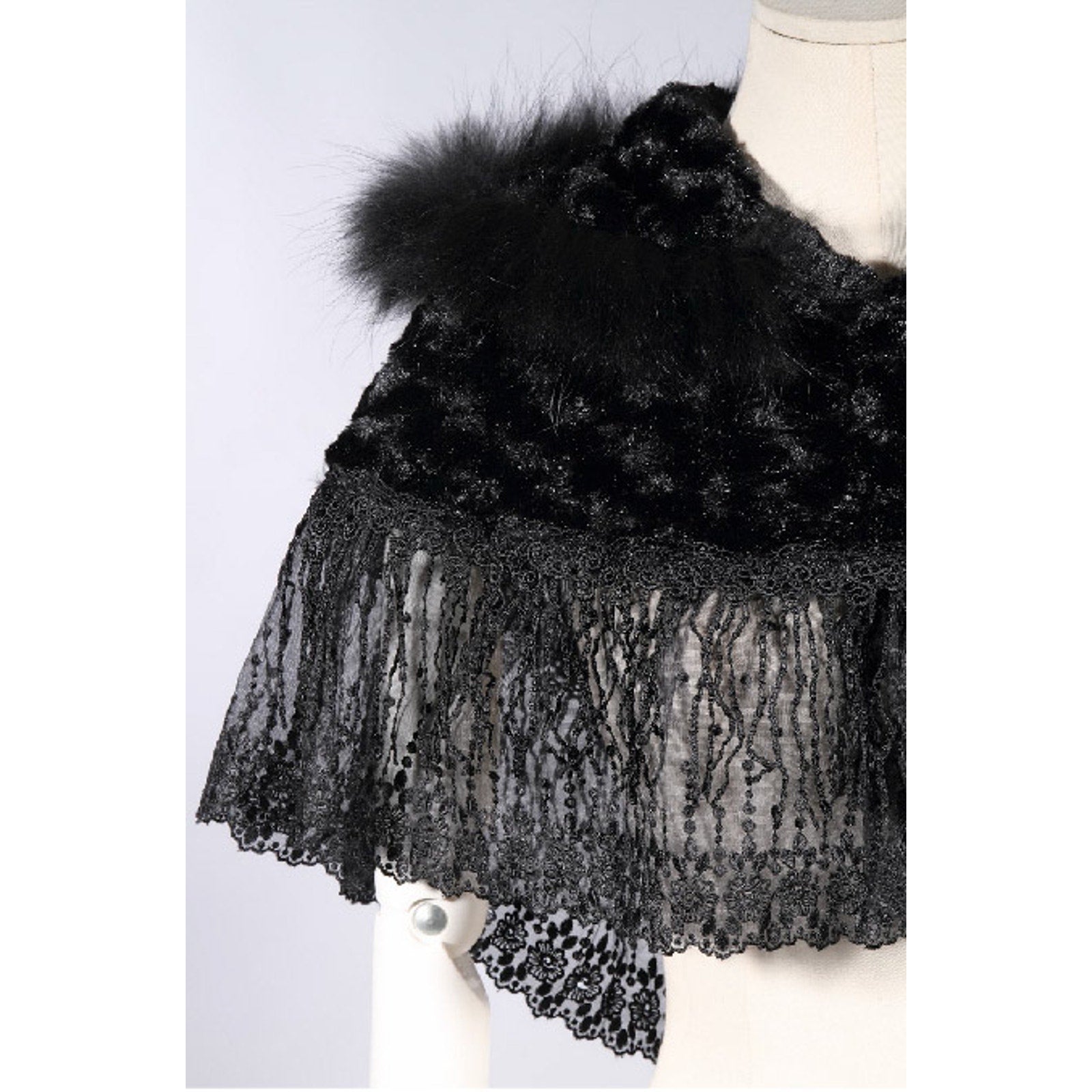 Gothic Lolita Steampunk Victorian Adorable Plush Fur & Lace Black Hooded Cape