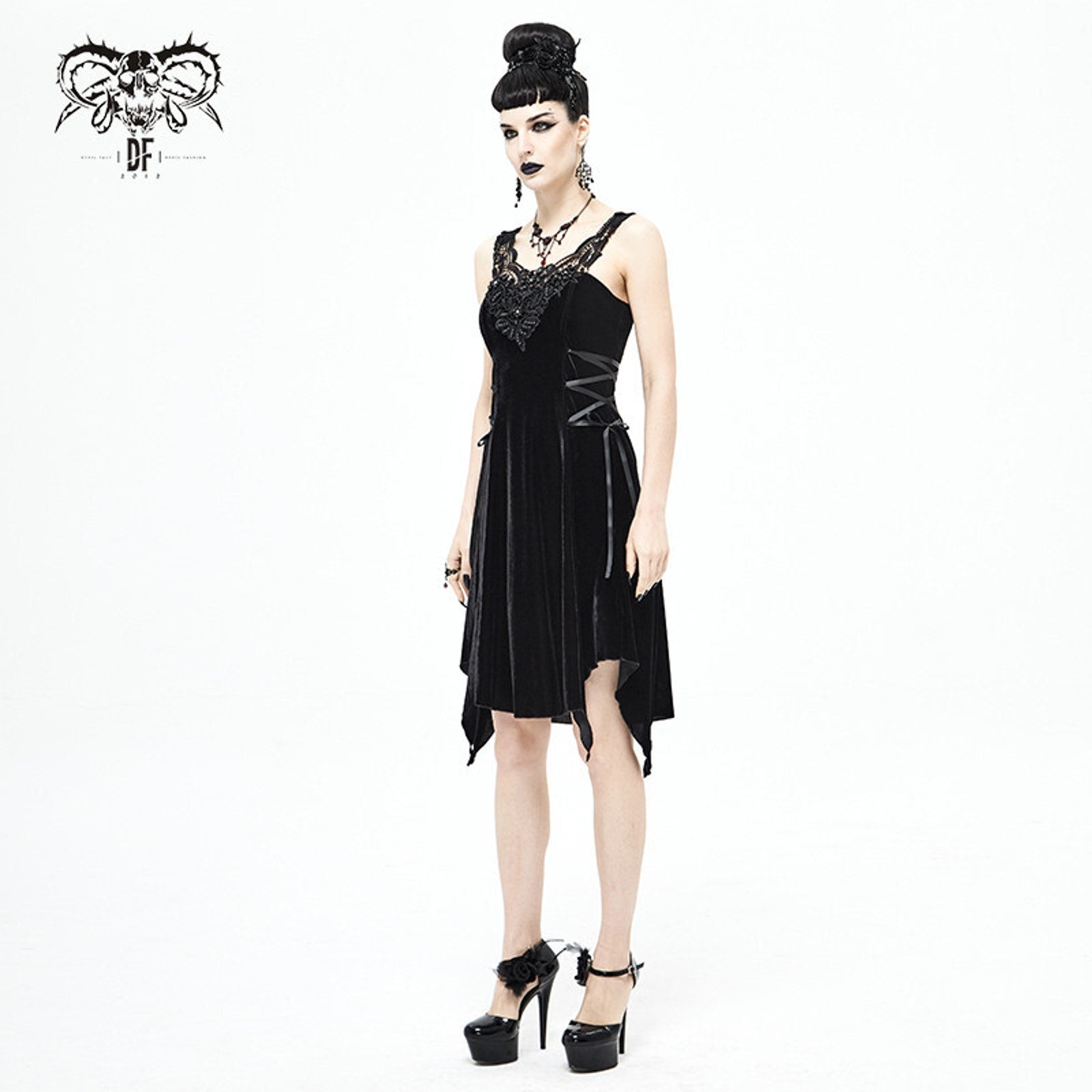Devil Fashion Gothic Victorian Dark Fairy Beaded Lace-Up Sides Mini Dress