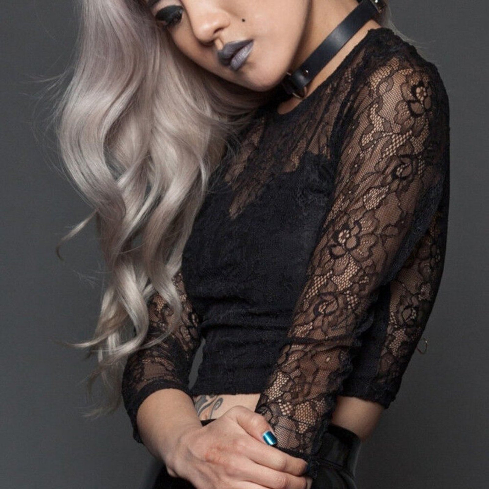 Lip Service Gothic Steampunk Victorian Black Celebration Stretch Lace 3/4 Top