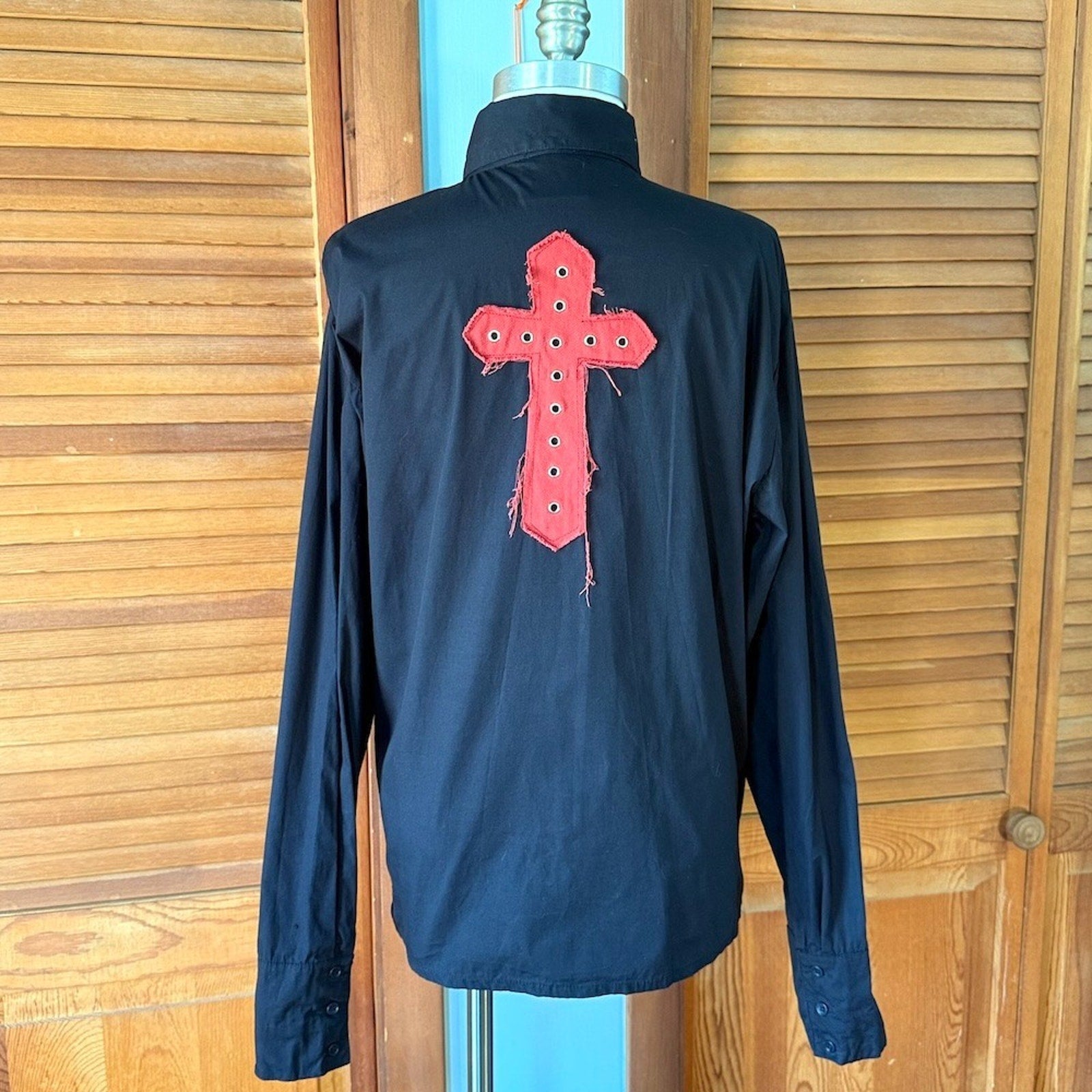 Vintage Gothic Victorian Vampire Punk Vkei Mens Black Cotton Red Cross Shirt L